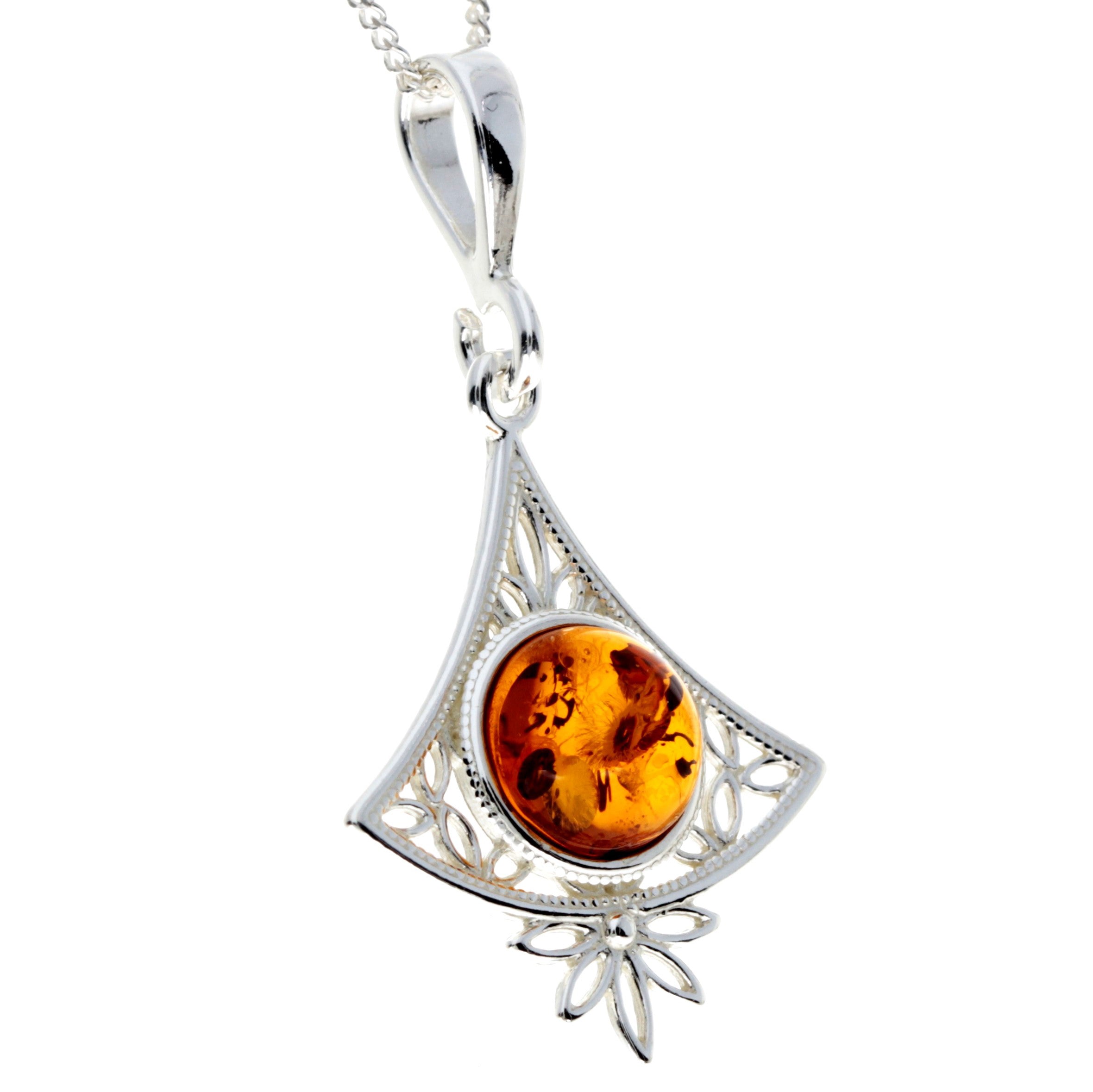 925 Sterling Silver & Genuine Baltic Amber Round Stone Modern Pendant - M2008