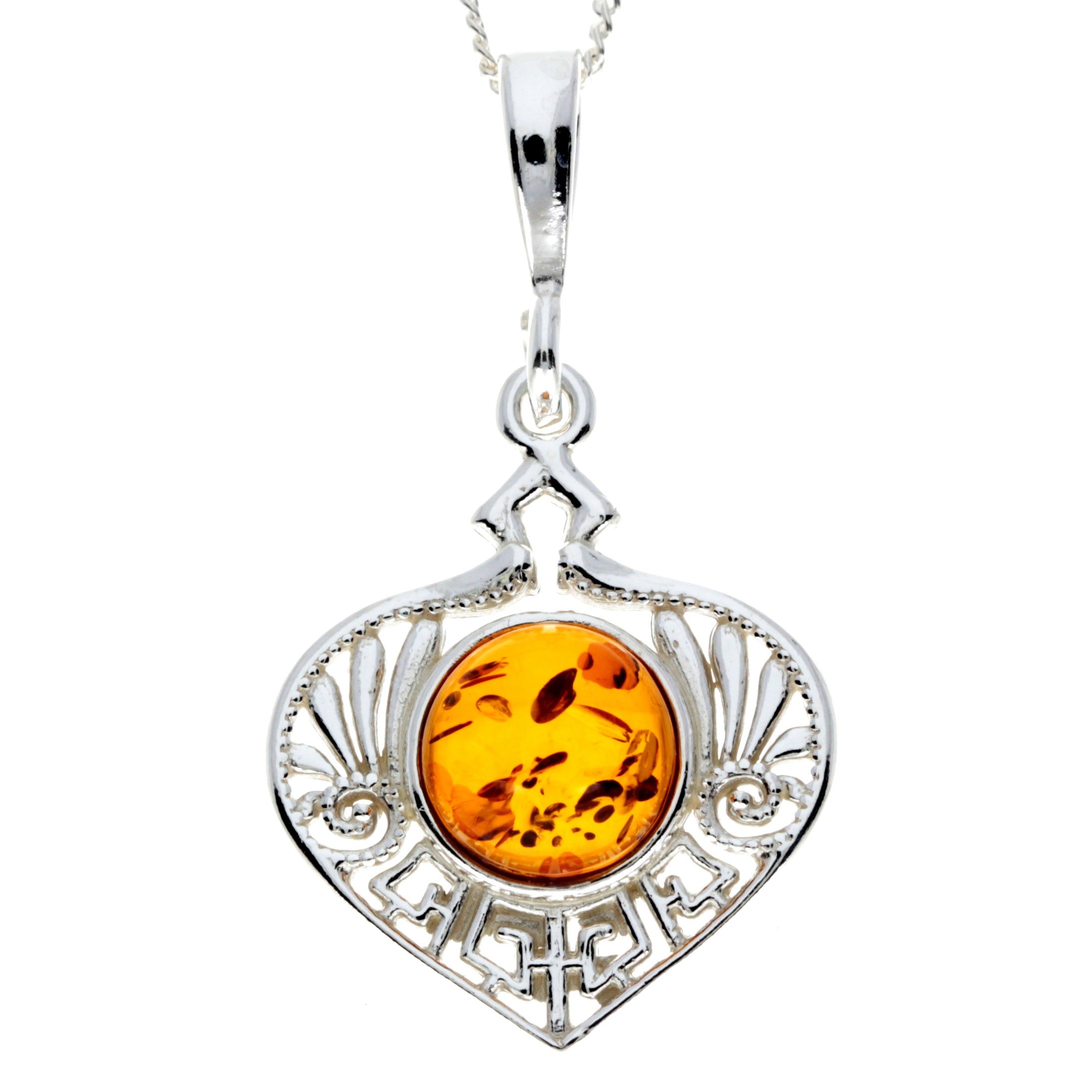 925 Sterling Silver & Genuine Baltic Amber Round Stone Modern Pendant - M2009