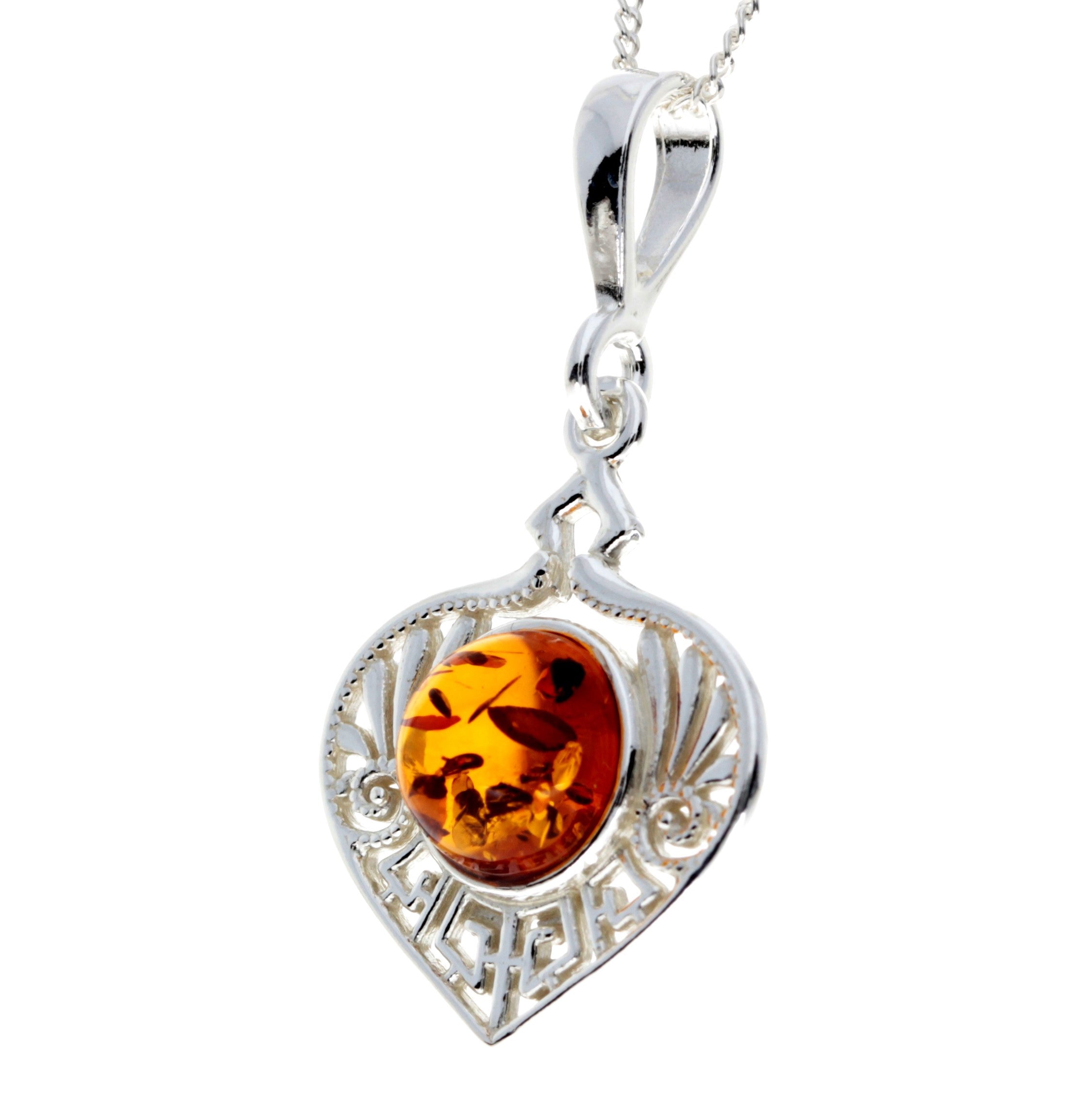 925 Sterling Silver & Genuine Baltic Amber Round Stone Modern Pendant - M2009