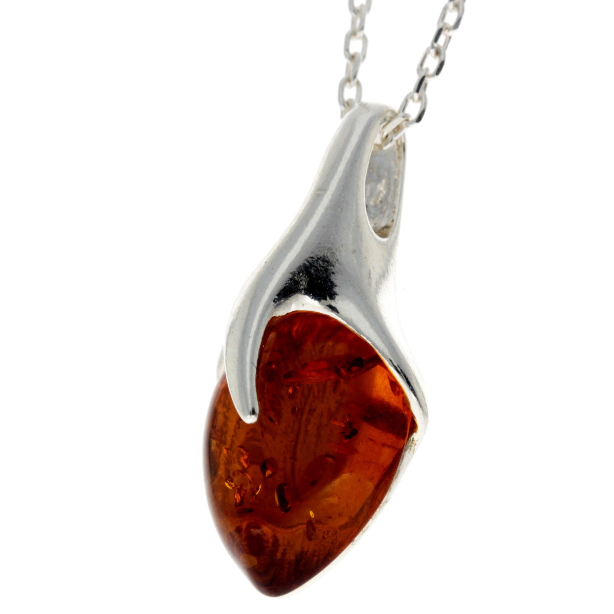 925 Sterling Silver & Genuine Baltic Amber Teardrop Modern Pendant - GL281