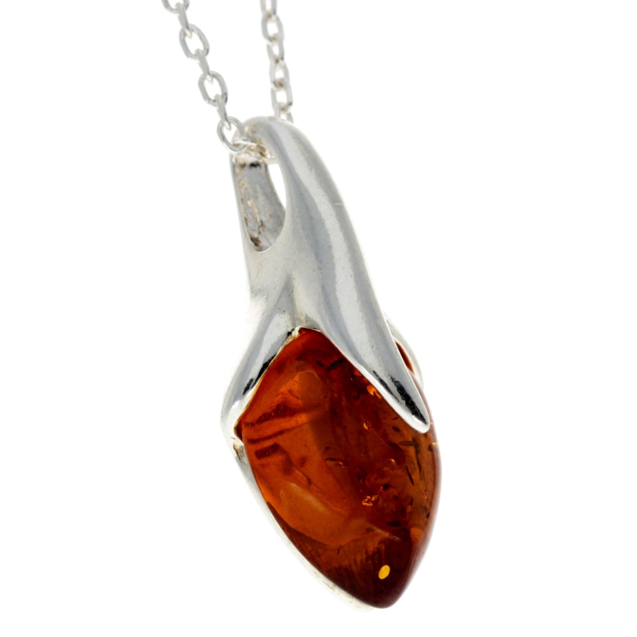 925 Sterling Silver & Genuine Baltic Amber Teardrop Modern Pendant - GL281