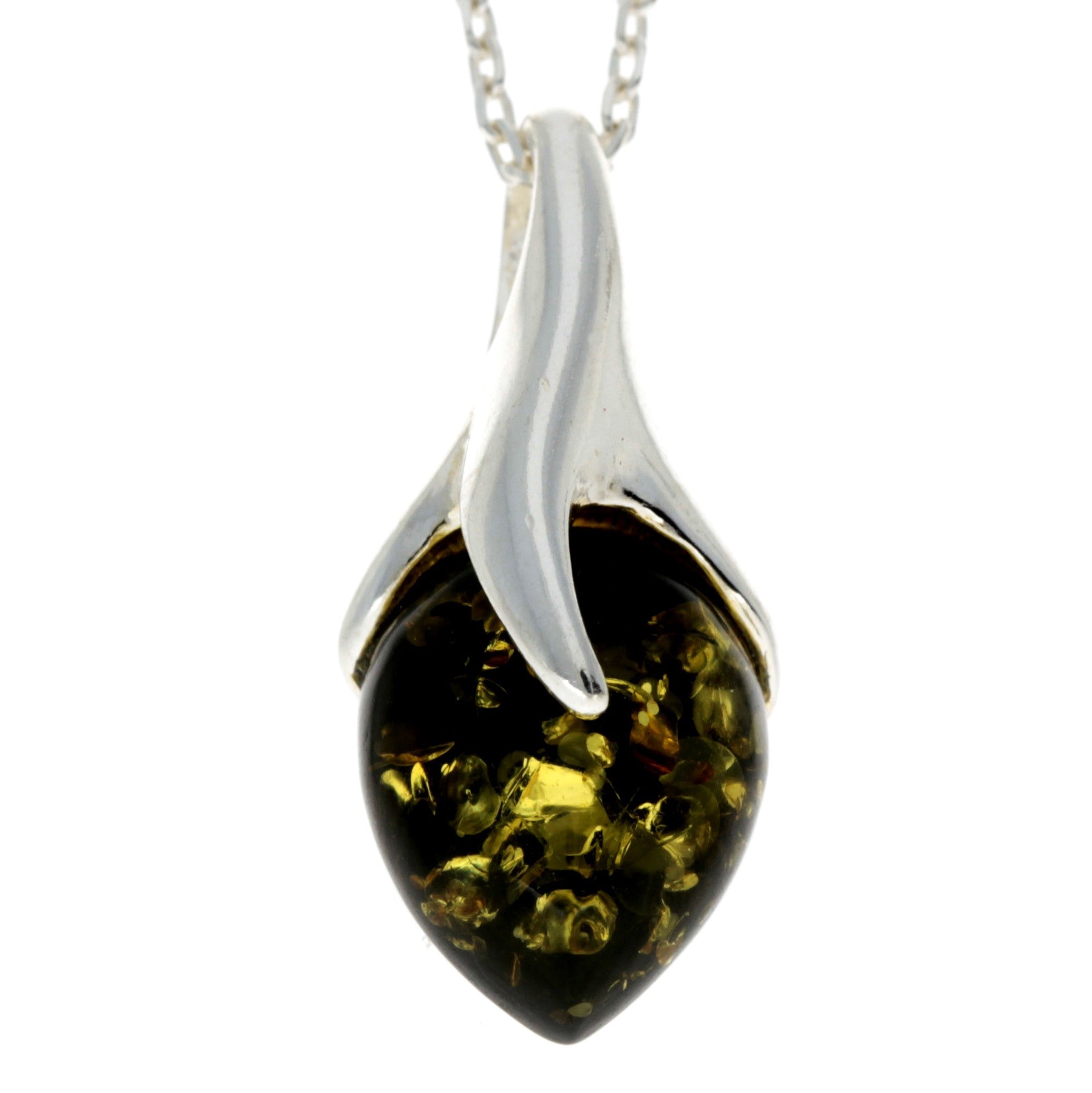 925 Sterling Silver & Genuine Baltic Amber Teardrop Modern Pendant - GL281