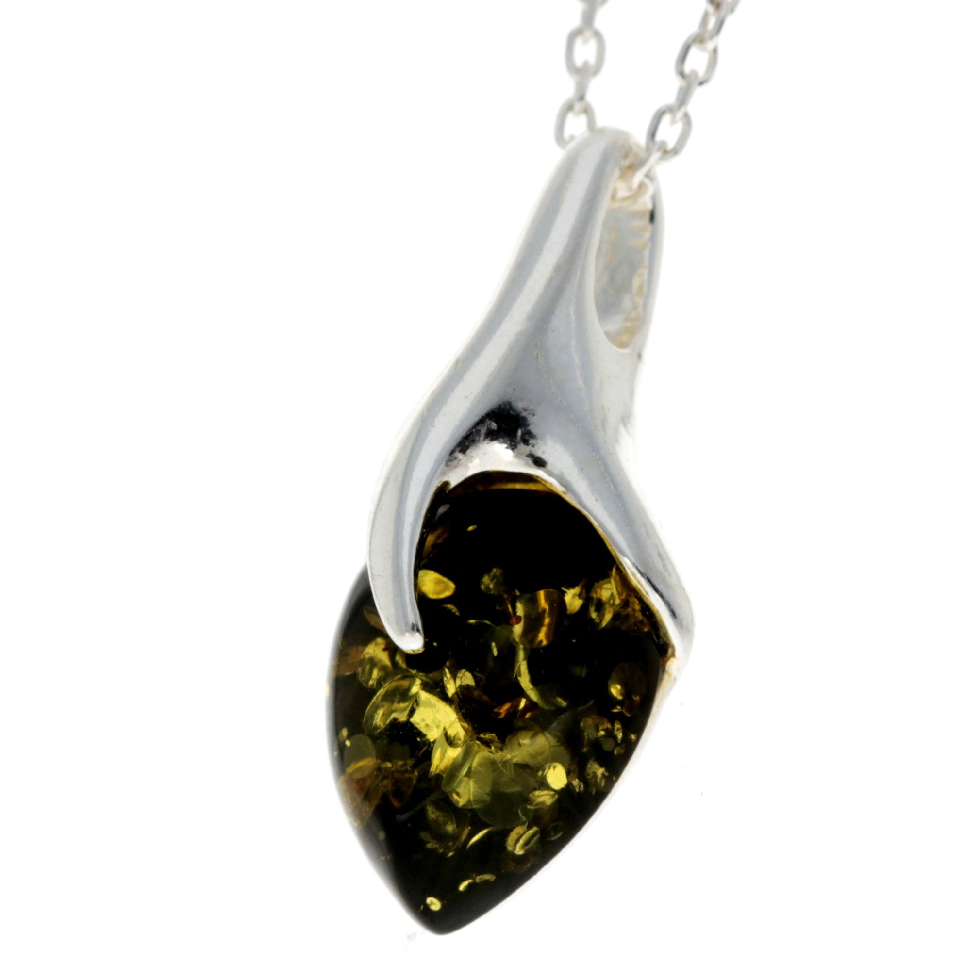 925 Sterling Silver & Genuine Baltic Amber Teardrop Modern Pendant - GL281