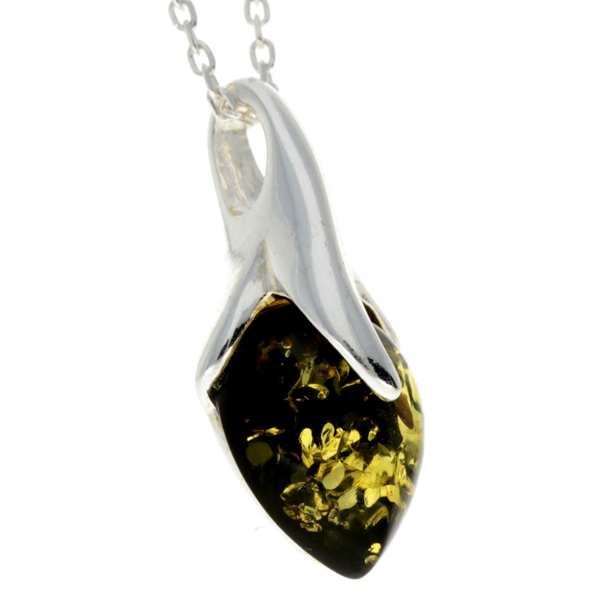 925 Sterling Silver & Genuine Baltic Amber Teardrop Modern Pendant - GL281