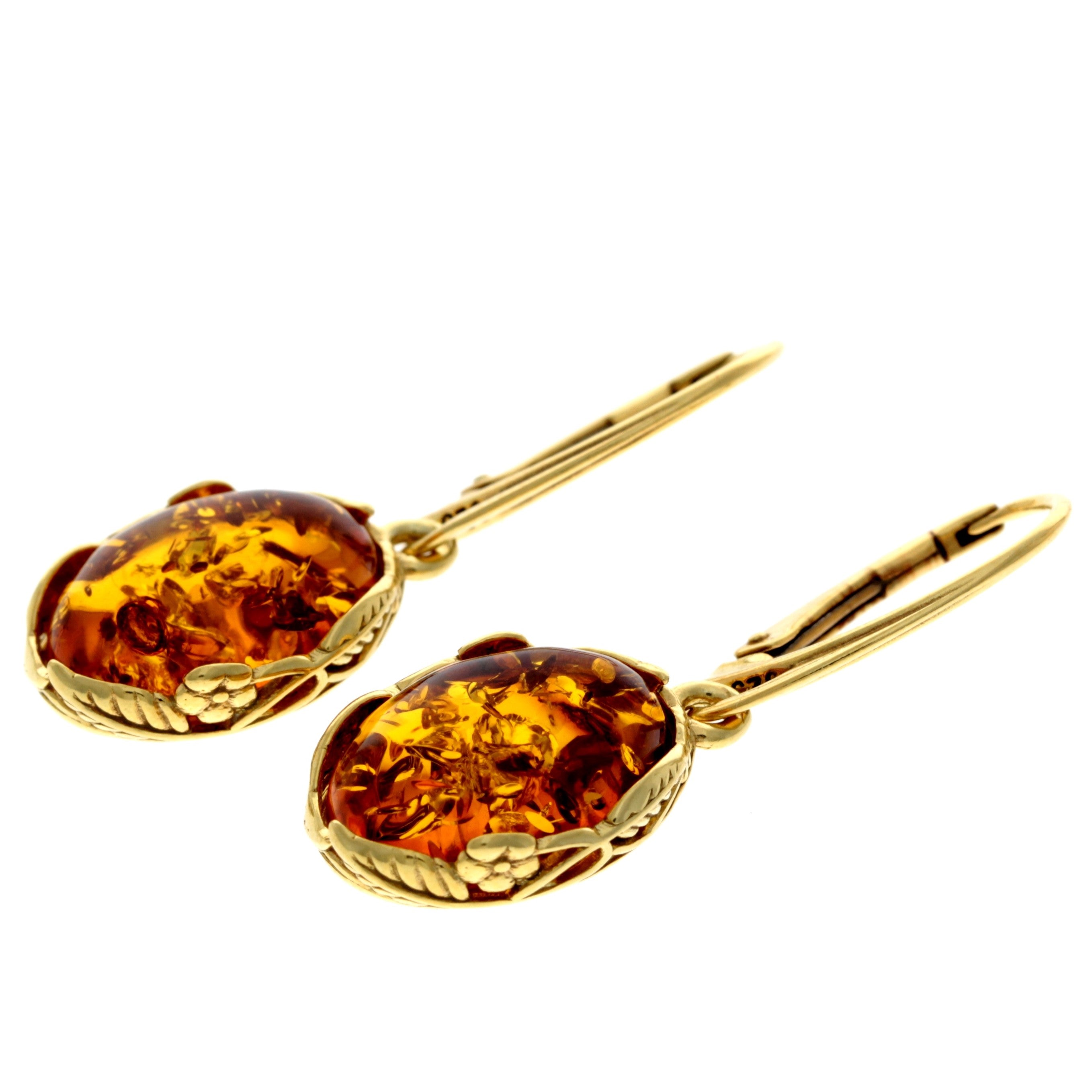 925 Sterling Silver 22 Carat Gold Plated with Genuine Baltic Amber Drop Earrings - MG003