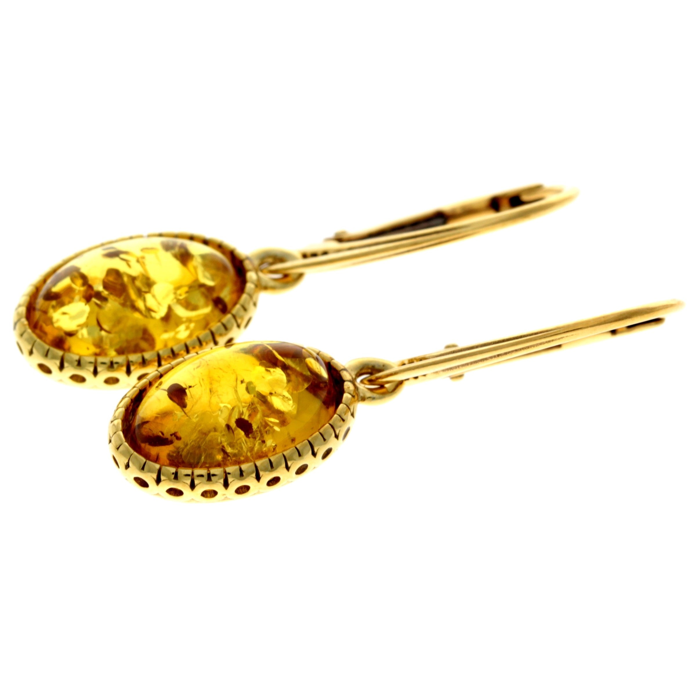 925 Sterling Silver 22 Carat Gold Plated with Genuine Baltic Amber Drop Earrings - MG008