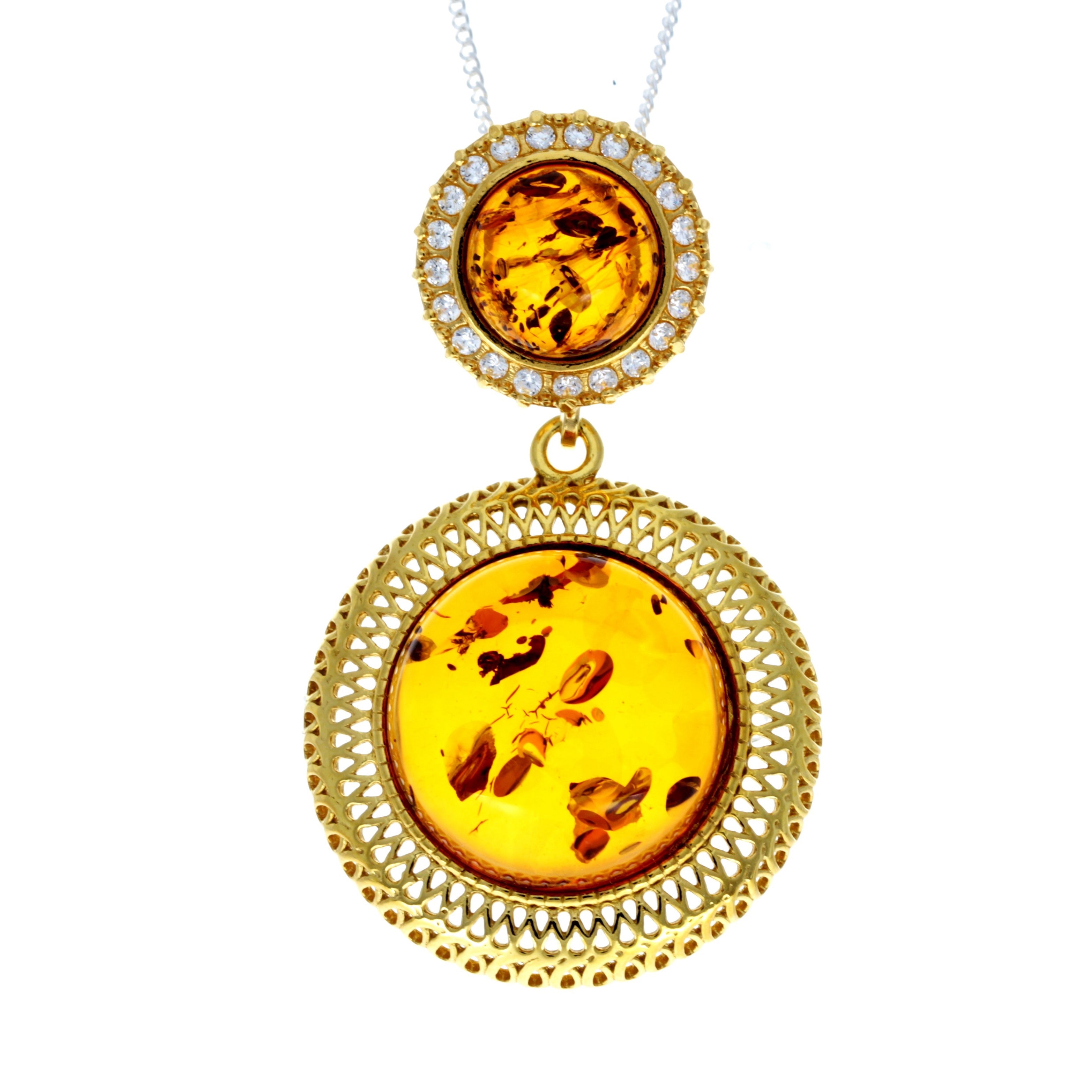 925 Sterling Silver 22 Carat Gold Plated with Genuine Baltic Amber Modern Pendant - MG200