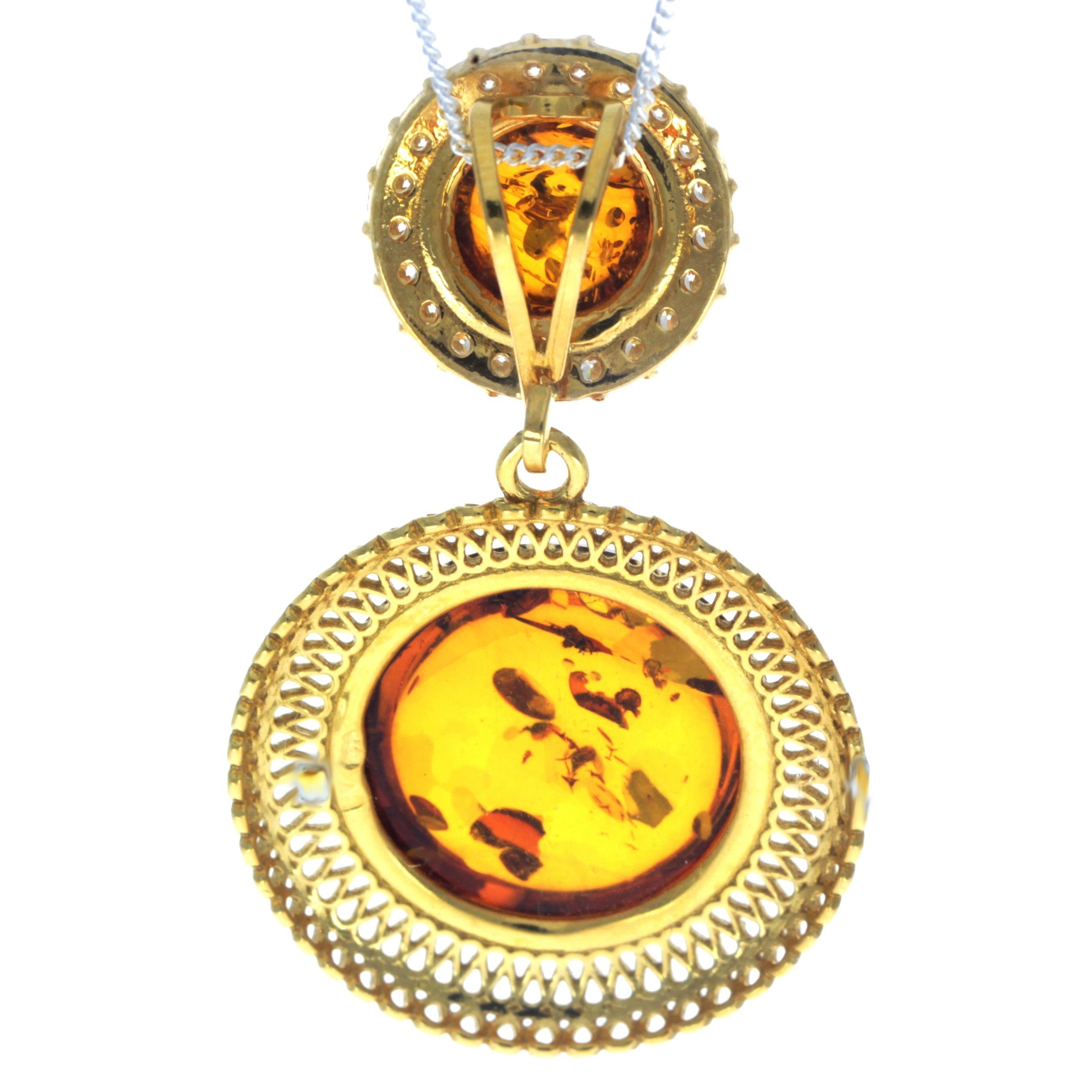 925 Sterling Silver 22 Carat Gold Plated with Genuine Baltic Amber Modern Pendant - MG200