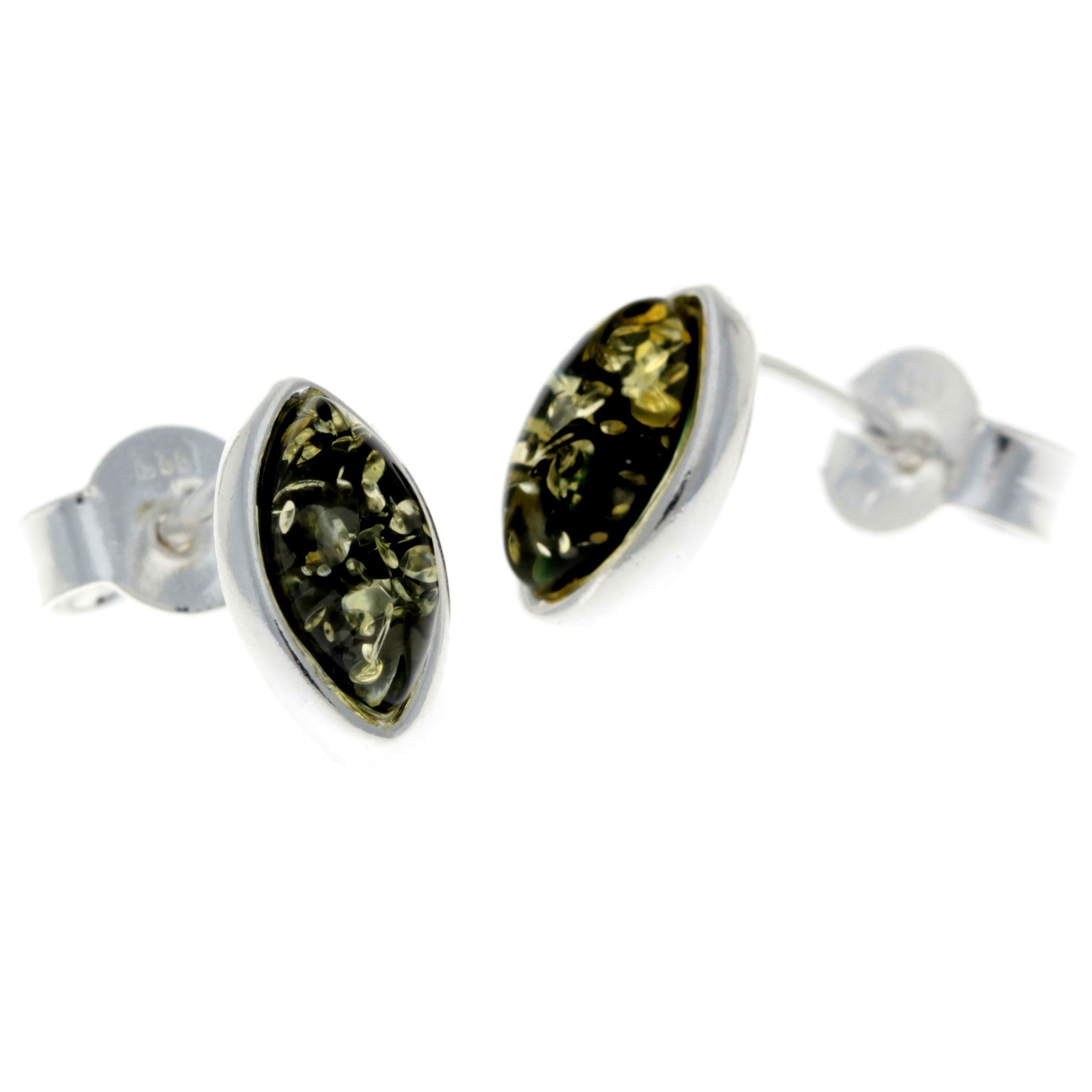 925 Sterling Silver & Genuine Baltic Amber Classic Oval Studs Earrings - 8343