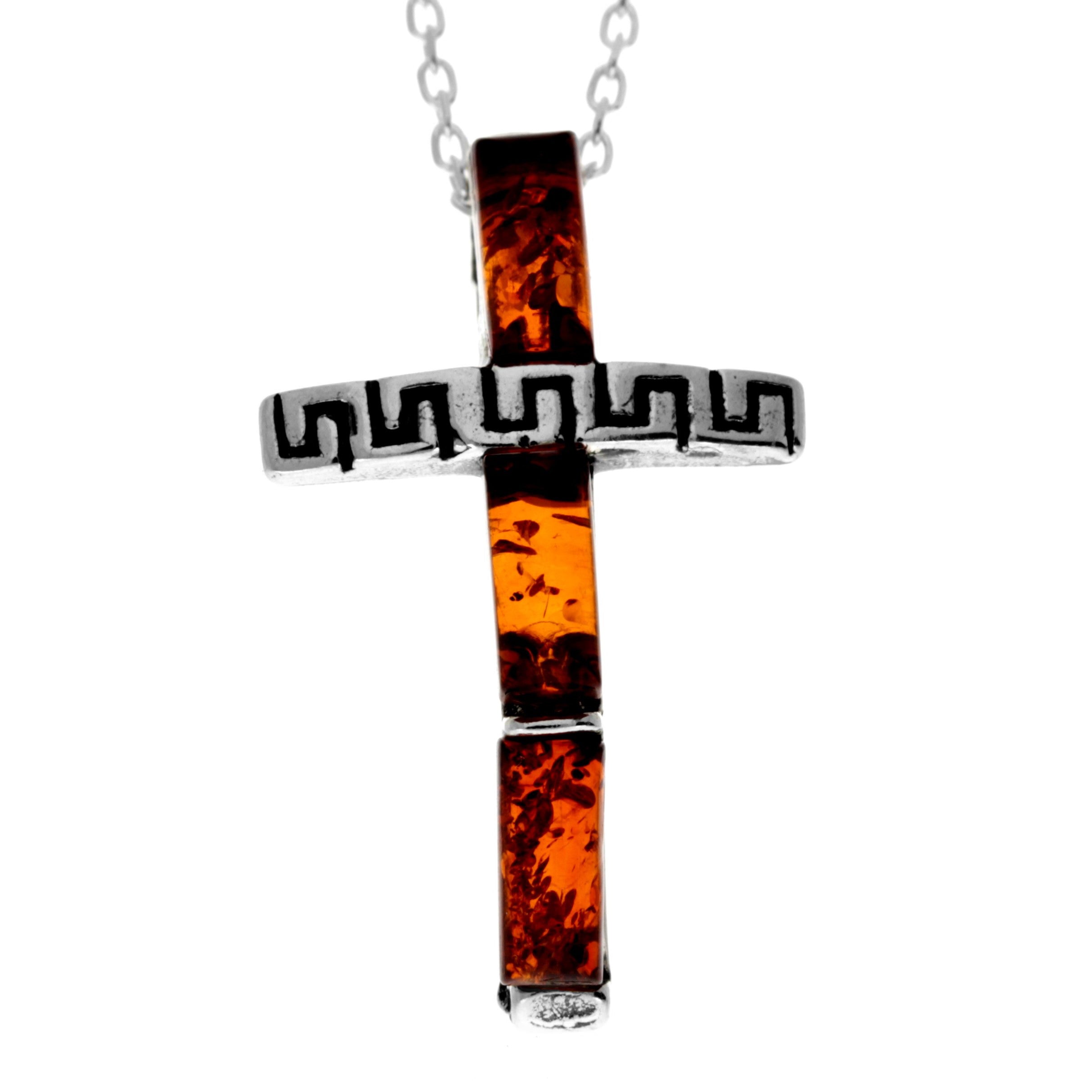 925 Steling Silver & Genuine Baltic Amber Modern Cross Pendant - 644