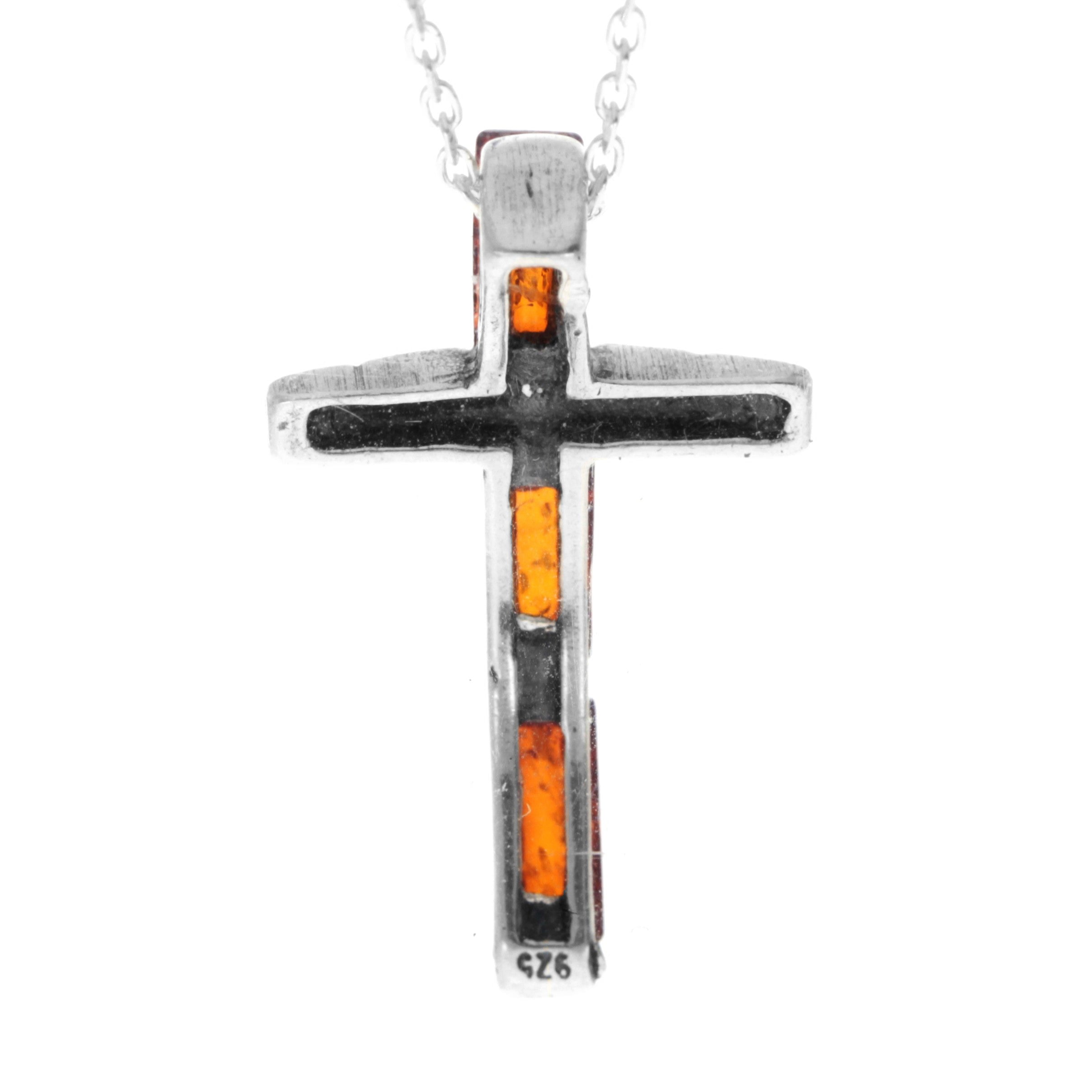 925 Steling Silver & Genuine Baltic Amber Modern Cross Pendant - 644