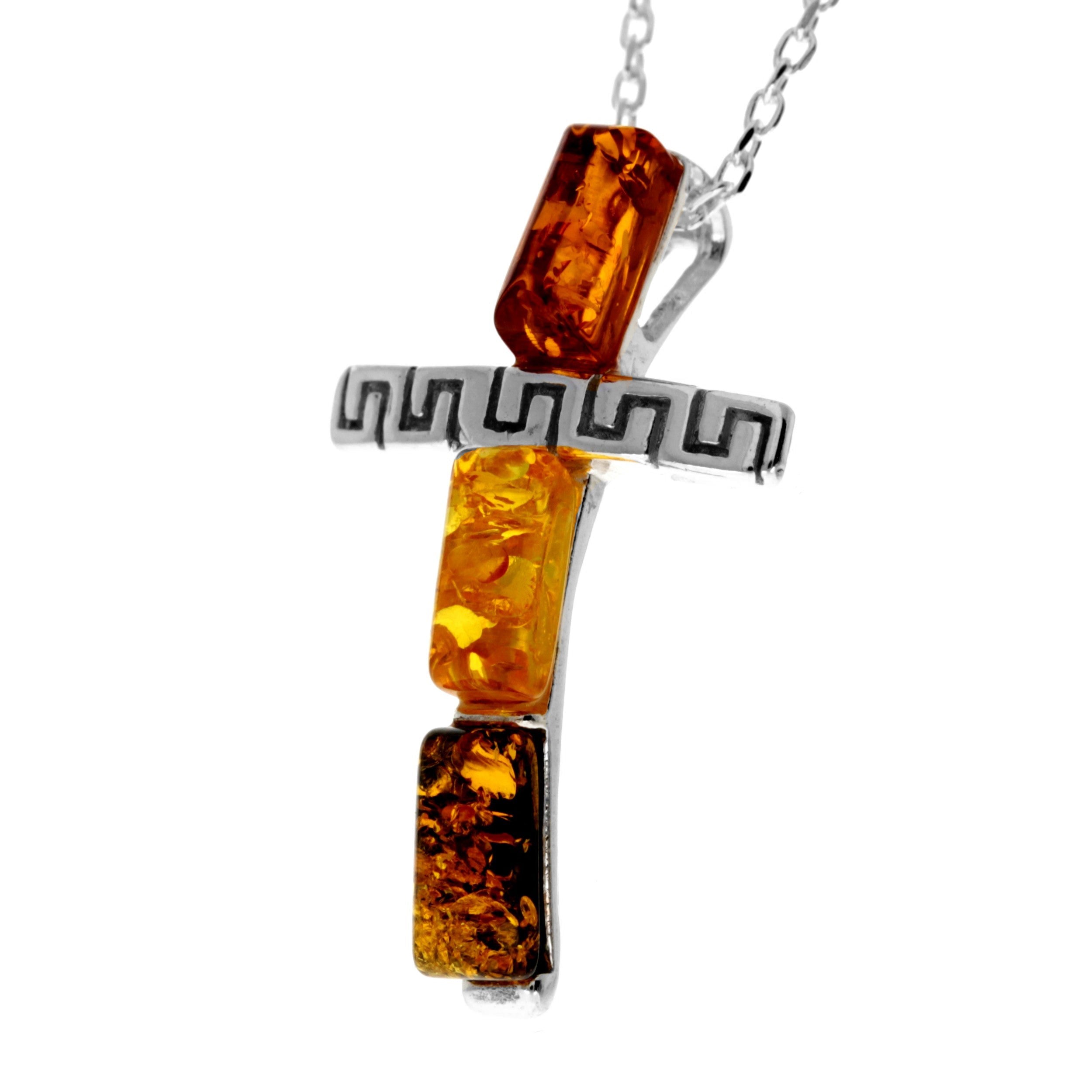 925 Steling Silver & Genuine Baltic Amber Modern Cross Pendant - 644