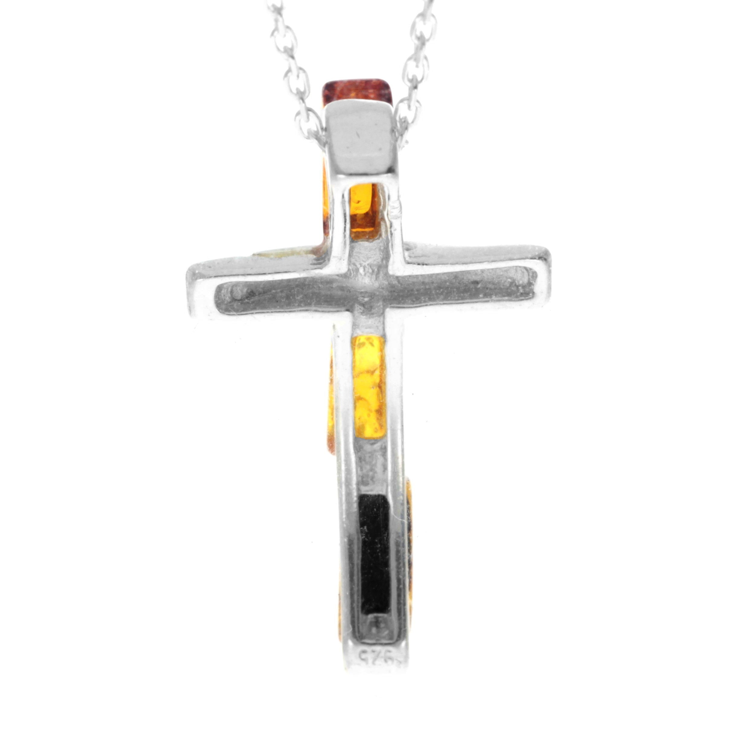 925 Steling Silver & Genuine Baltic Amber Modern Cross Pendant - 644