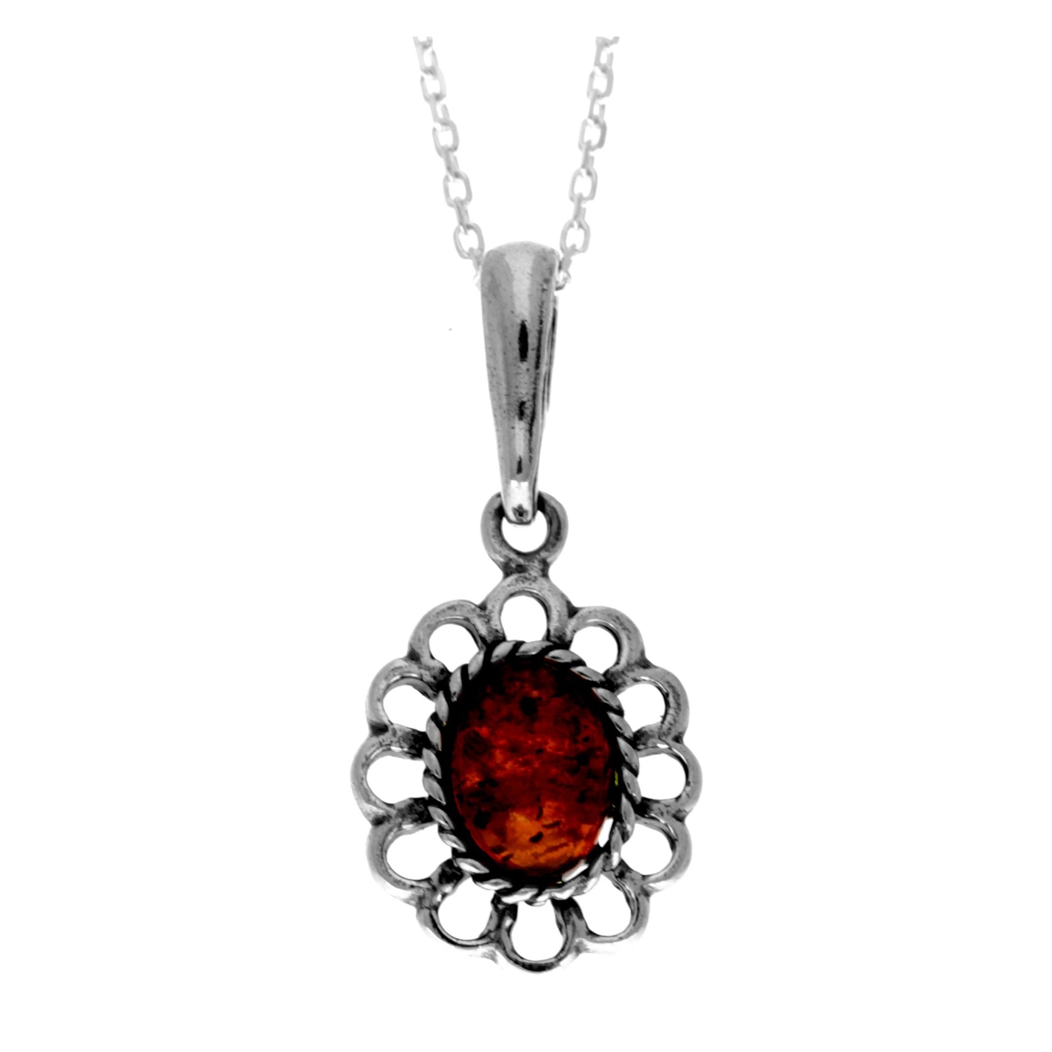 925 Sterling Silver & Genuine Baltic Amber Modern Flower Pendant- 649