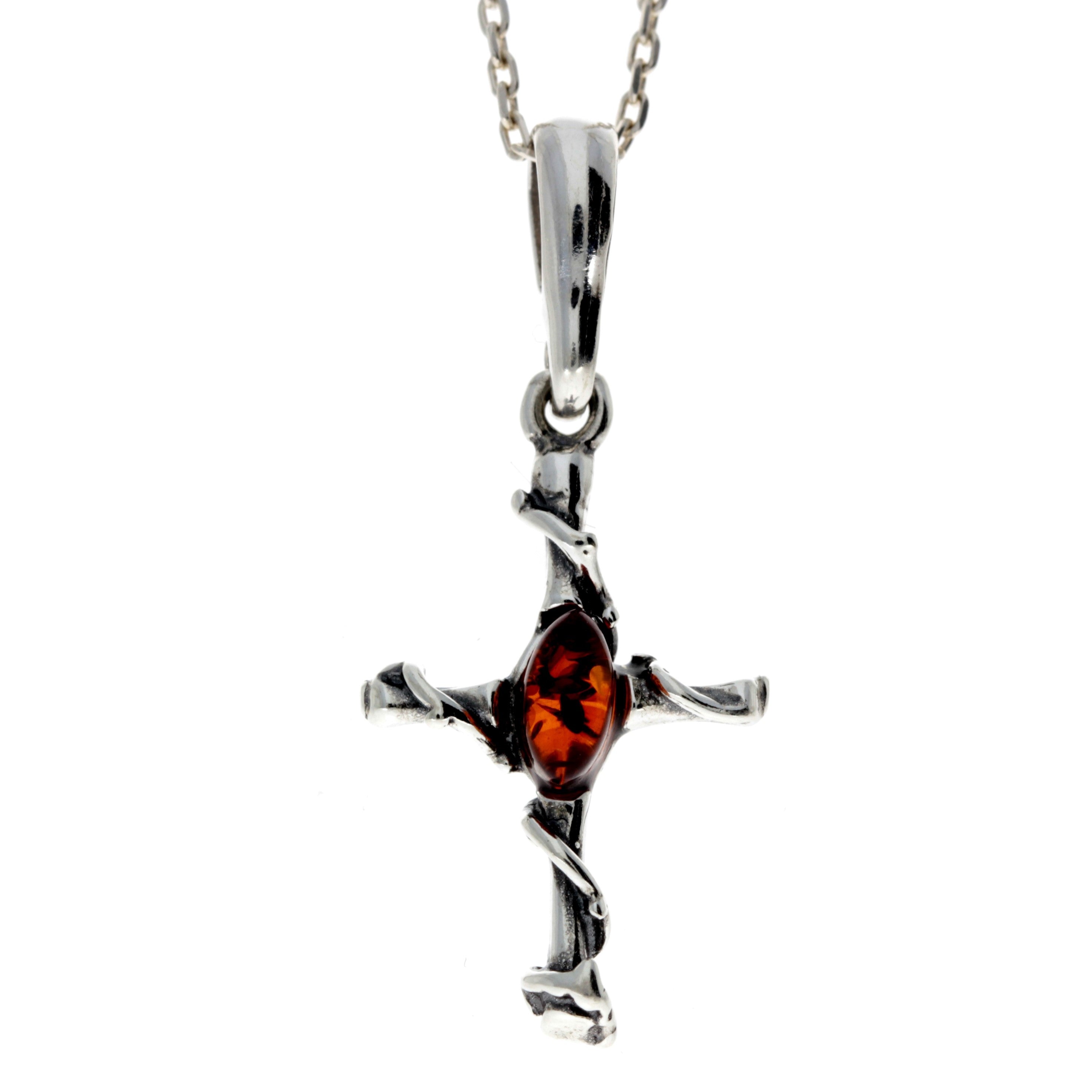 925 Sterling Silver & Genuine Baltic Amber Classic Cross Pendant - 653