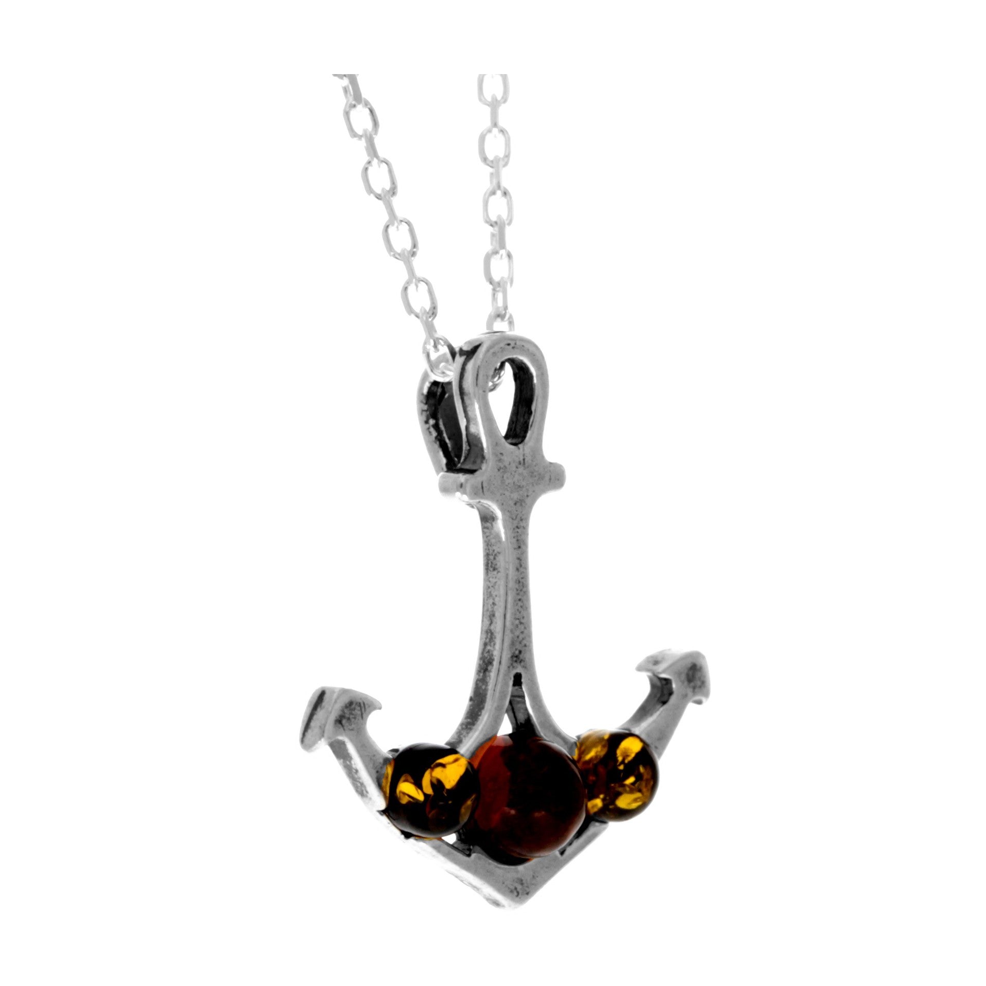 925 Sterling Silver & Genuine Baltic Amber Classic Anchor Pendant -669