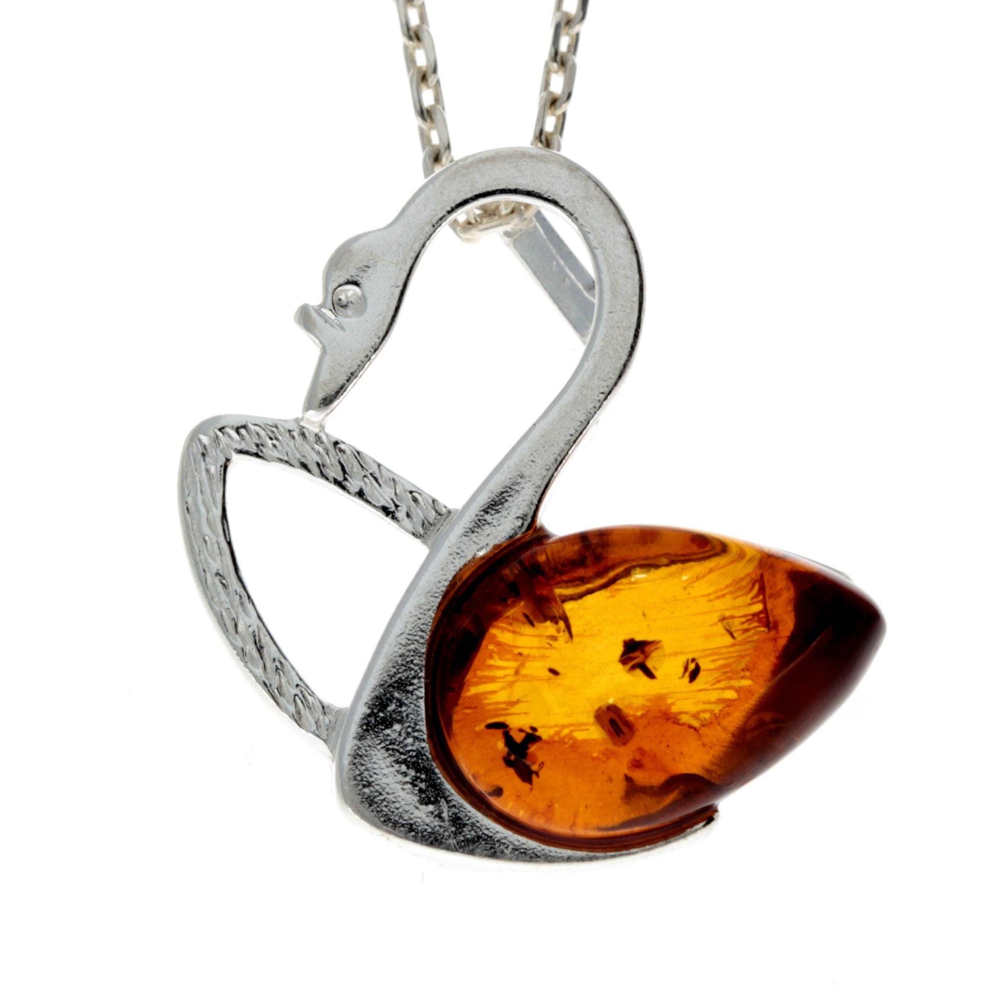 925 Sterling Silver & Genuine Teardrop Baltic Amber Swan Pendant - 672