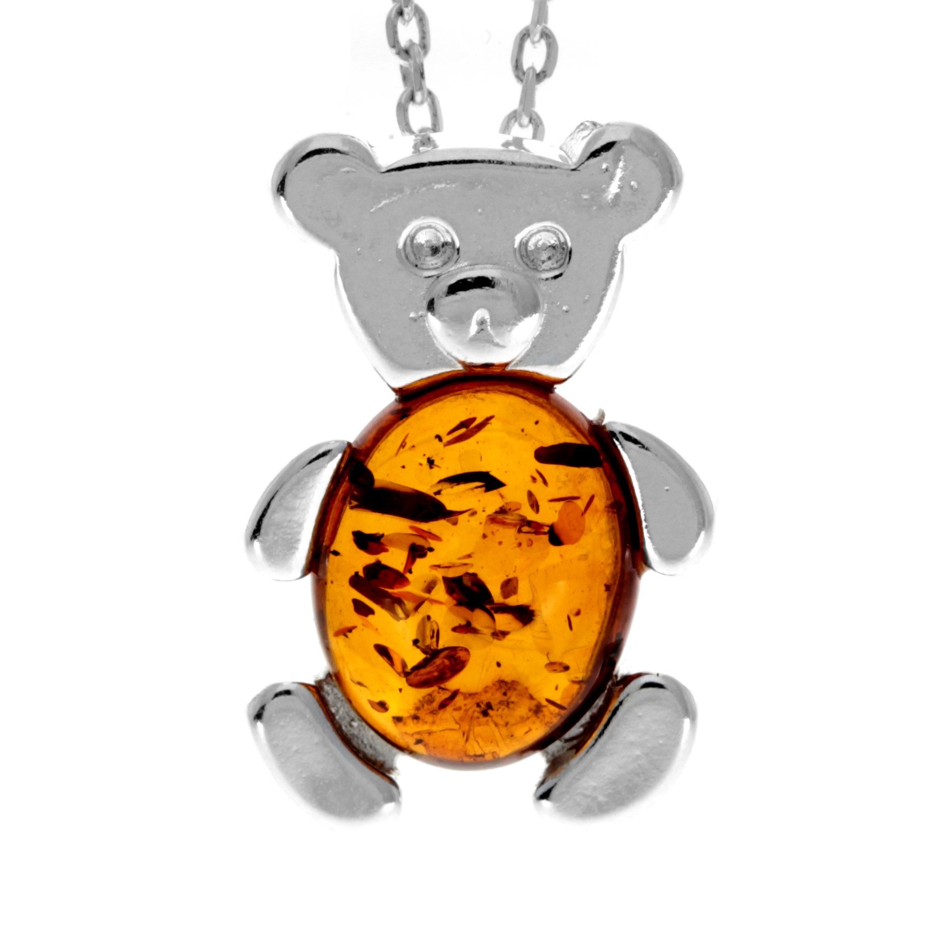 925 Sterling Silver & Genuine Baltic Amber Teddy Bear Pendant - 698