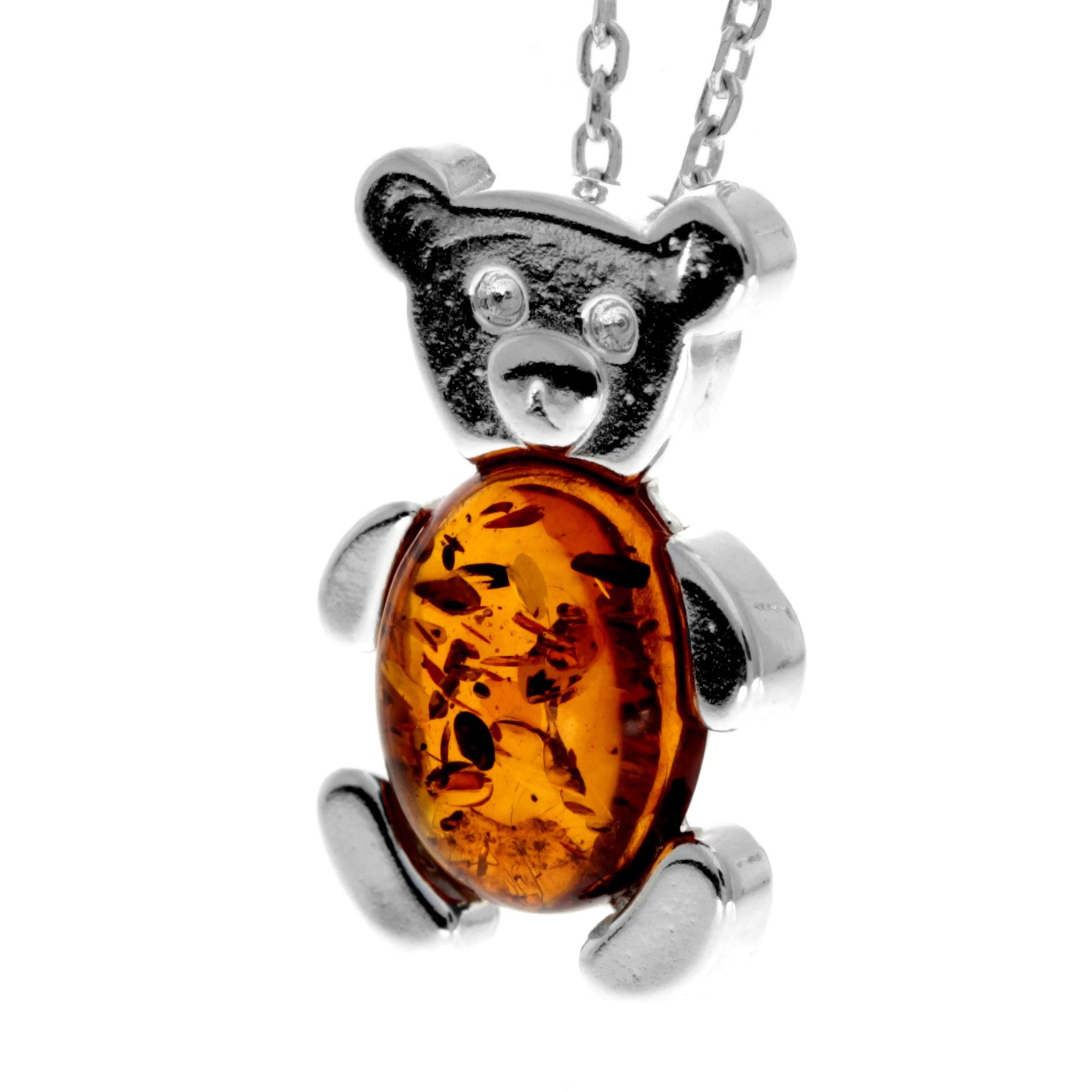 925 Sterling Silver & Genuine Baltic Amber Teddy Bear Pendant - 698