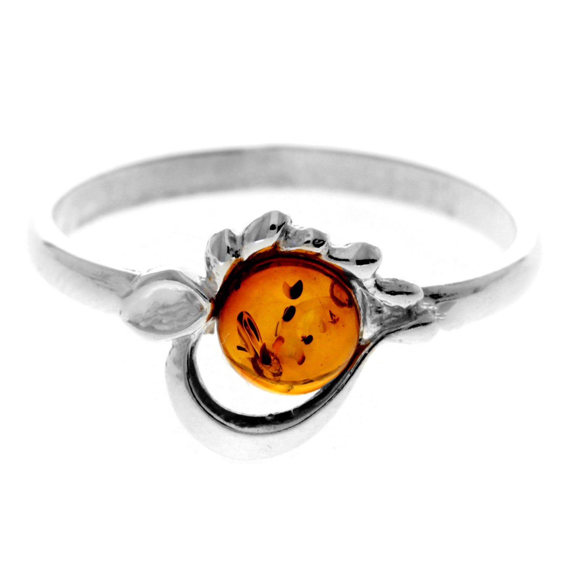 925 Sterling Silver & Genuine Baltic Amber Heart Designer Ring - 7097