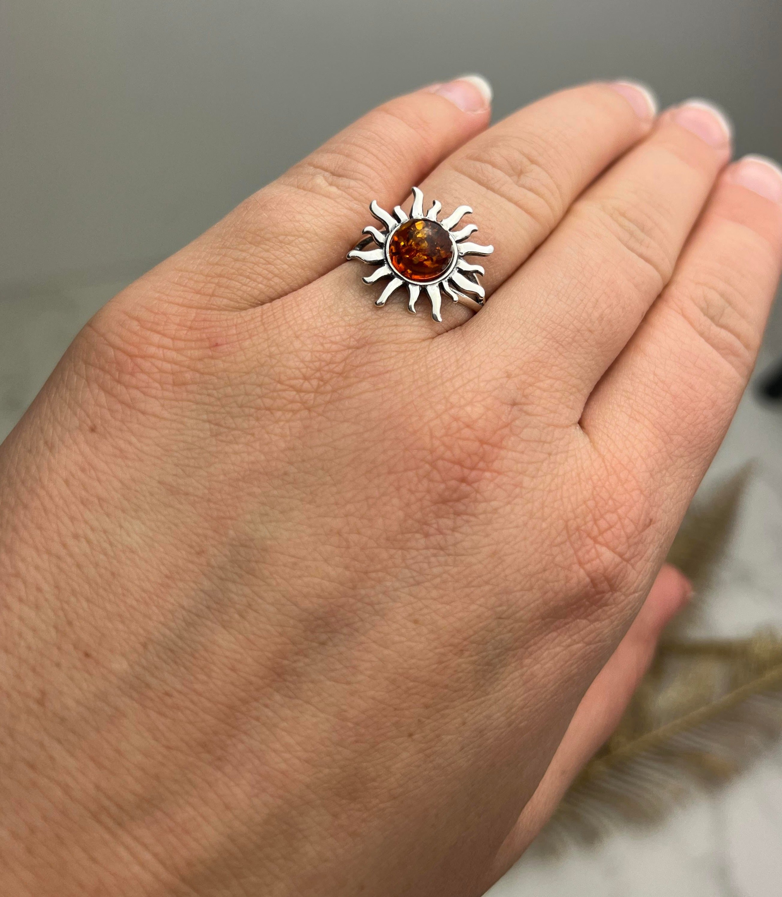 925 Sterling Silver & Genuine Baltic Amber Sun Ring - 7374