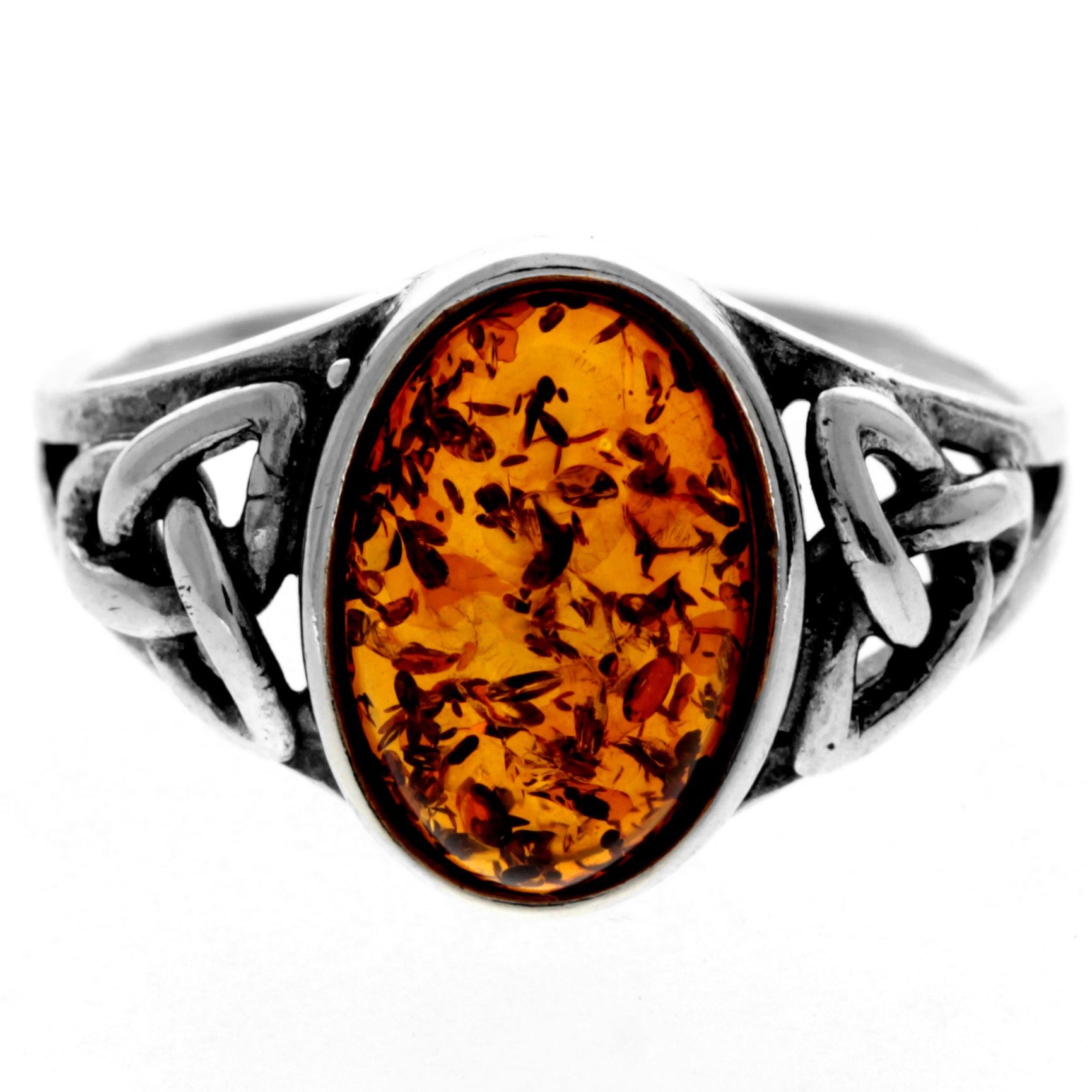 925 Sterling Silver & Genuine Baltic Amber Celtic Ring - 7390