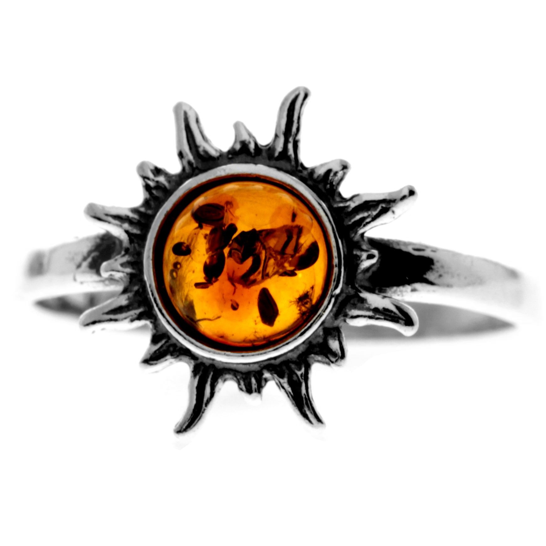 925 Sterling Silver & Genuine Baltic Amber Sun / Star Ring - 7580