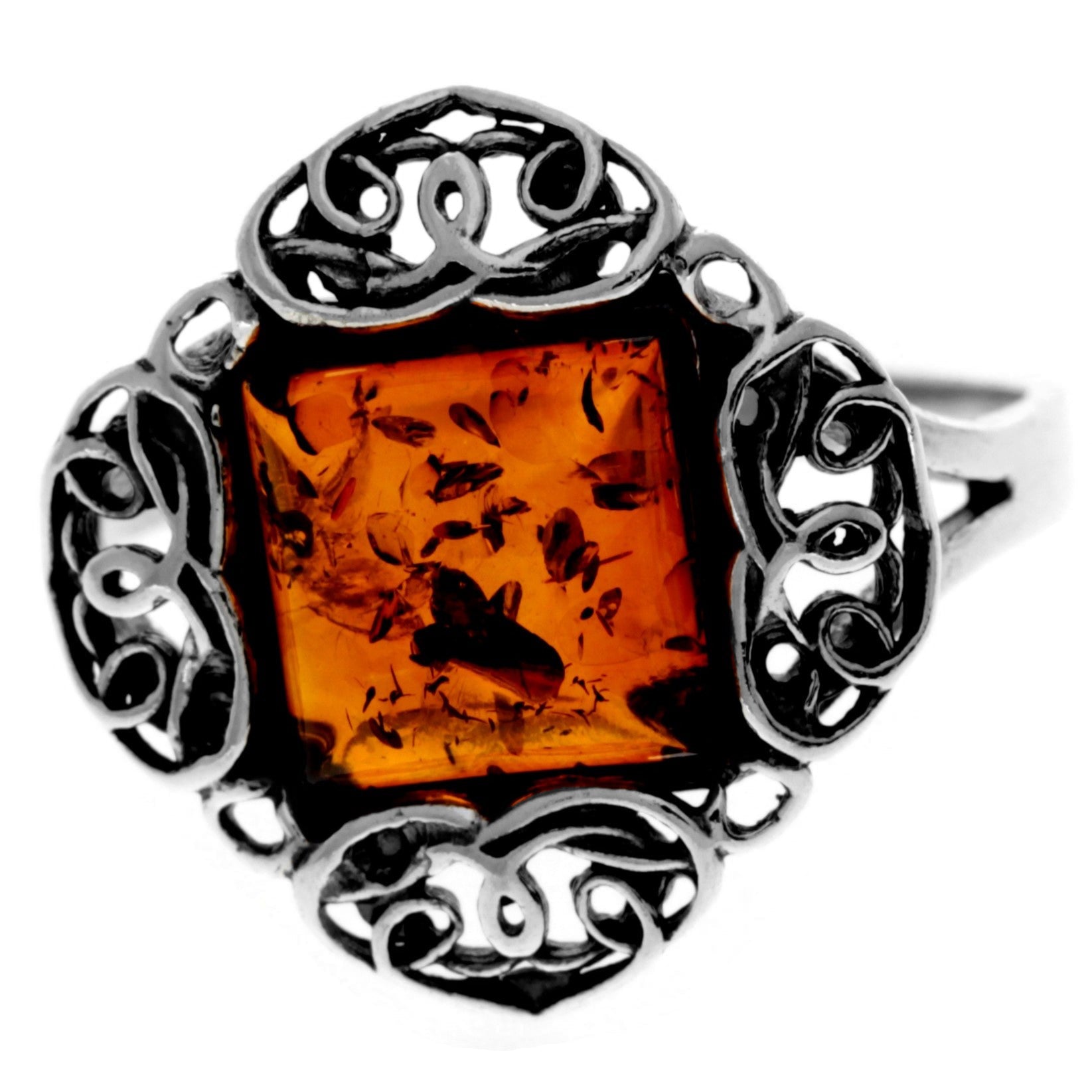 925 Sterling Silver & Genuine Square Baltic Amber Classic Designer Ring - 7599