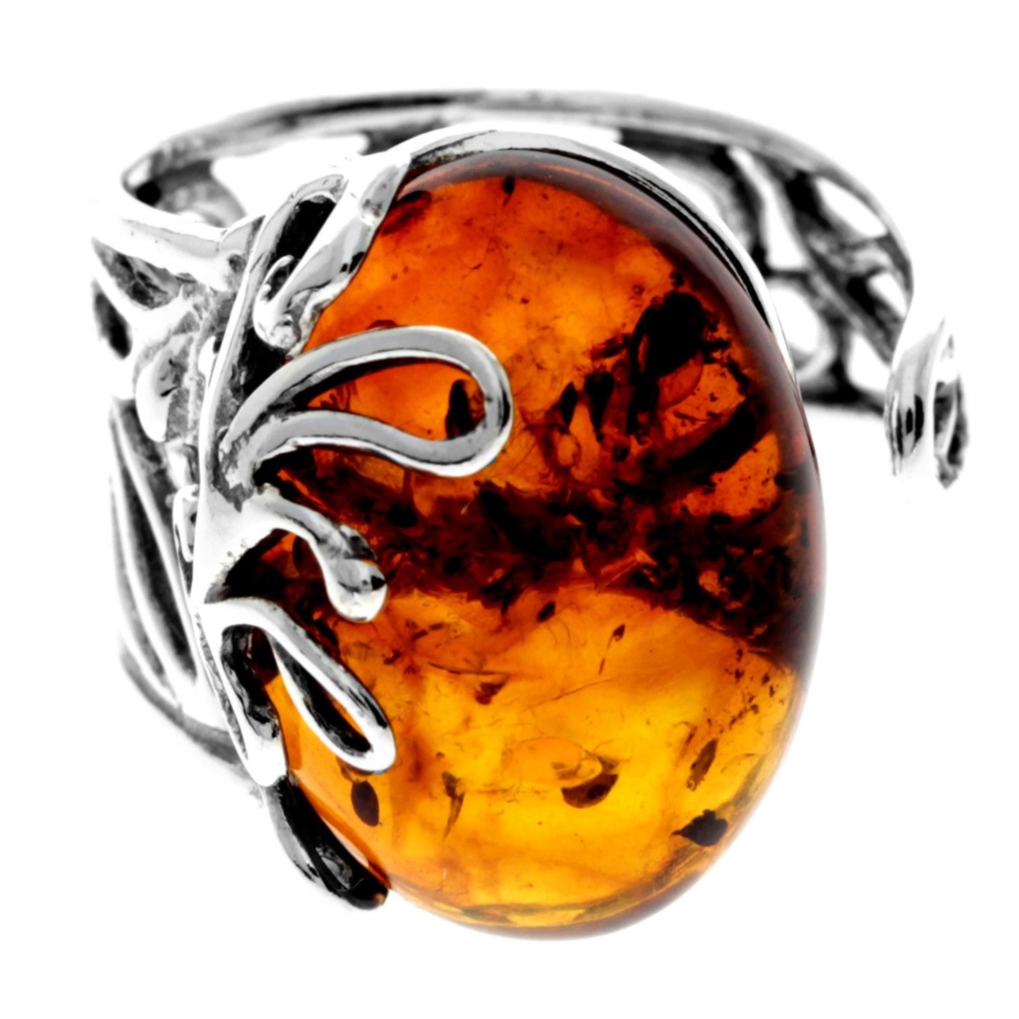 925 Sterling Silver & Genuine Baltic Amber Modern Adjustable Ring - 7602