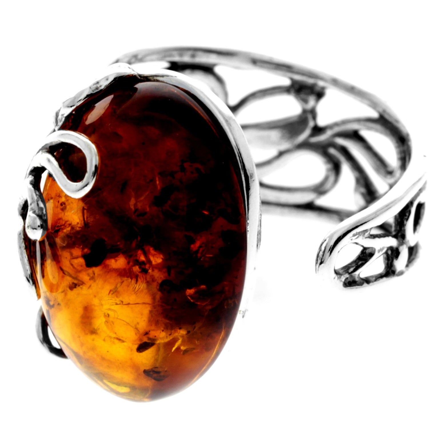 925 Sterling Silver & Genuine Baltic Amber Modern Adjustable Ring - 7602