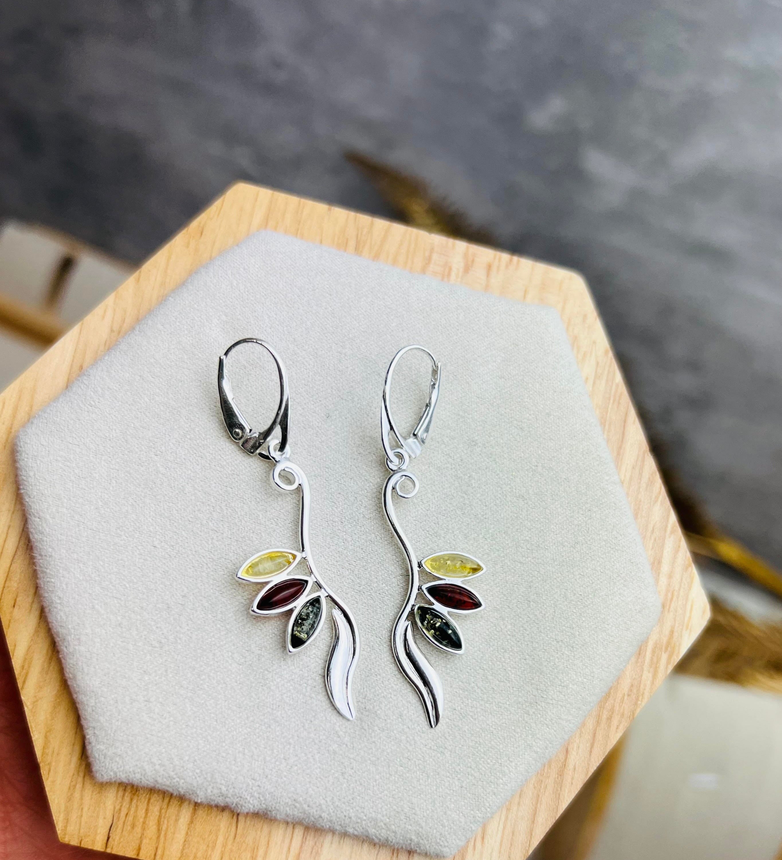 925 Sterling Silver & Genuine Baltic Amber Modern Drop Dangling Earrings - 8174