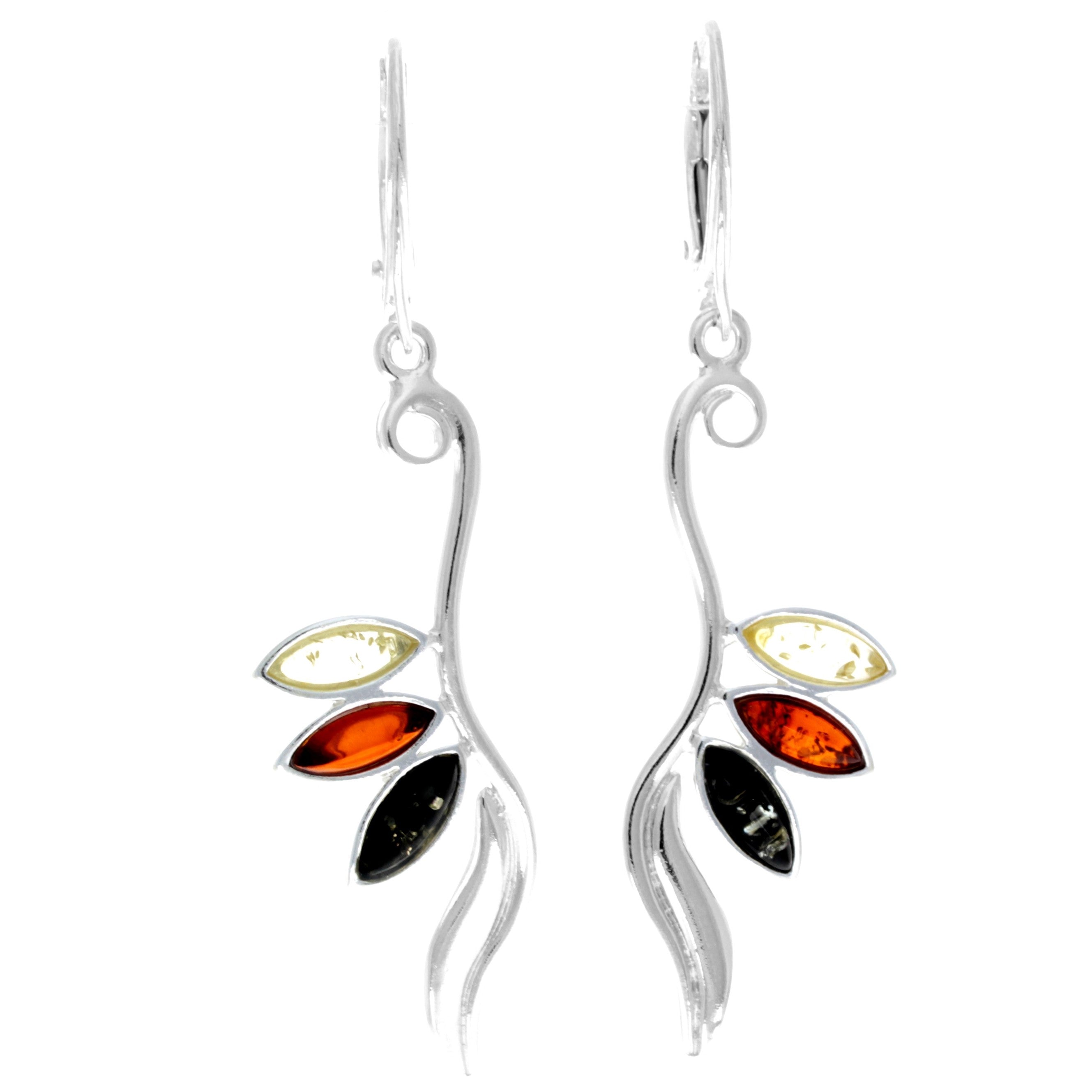 925 Sterling Silver & Genuine Baltic Amber Modern Drop Dangling Earrings - 8174