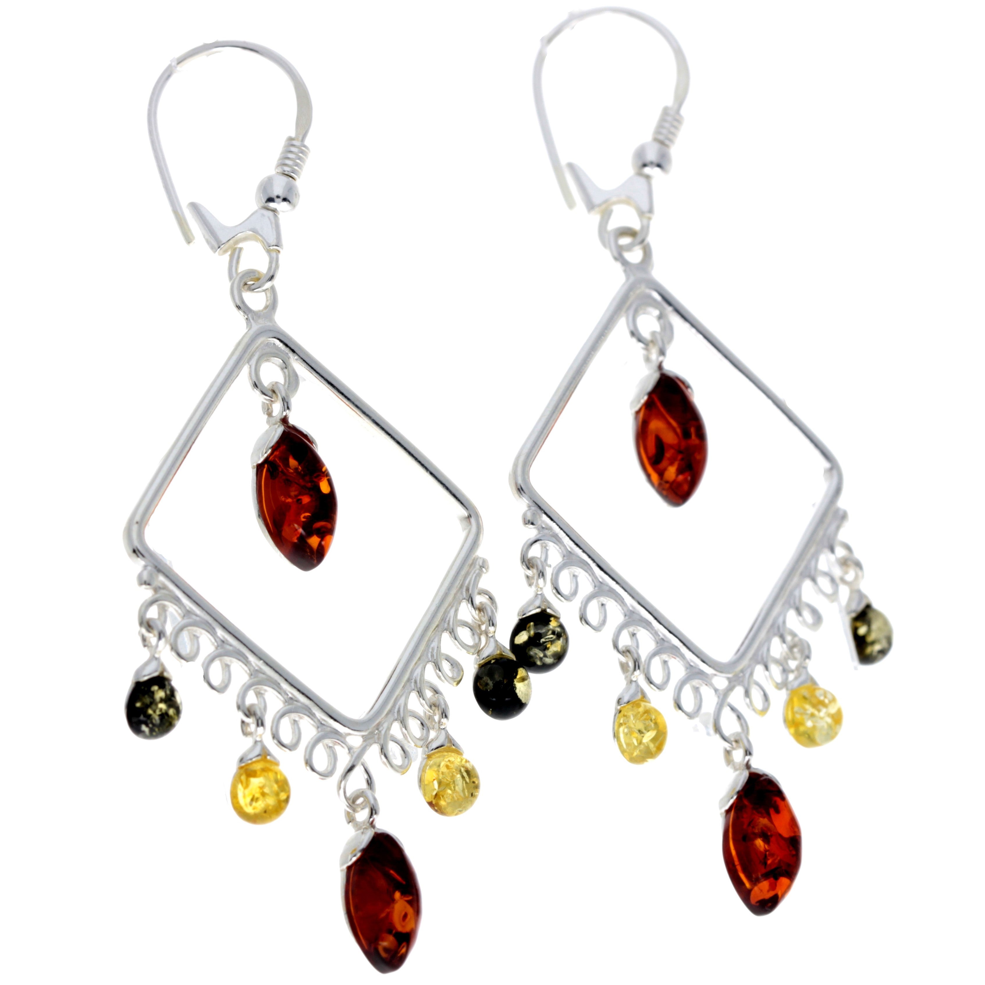 925 Sterling Silver & Genuine Baltic Amber Large Drop Earrings - 8205