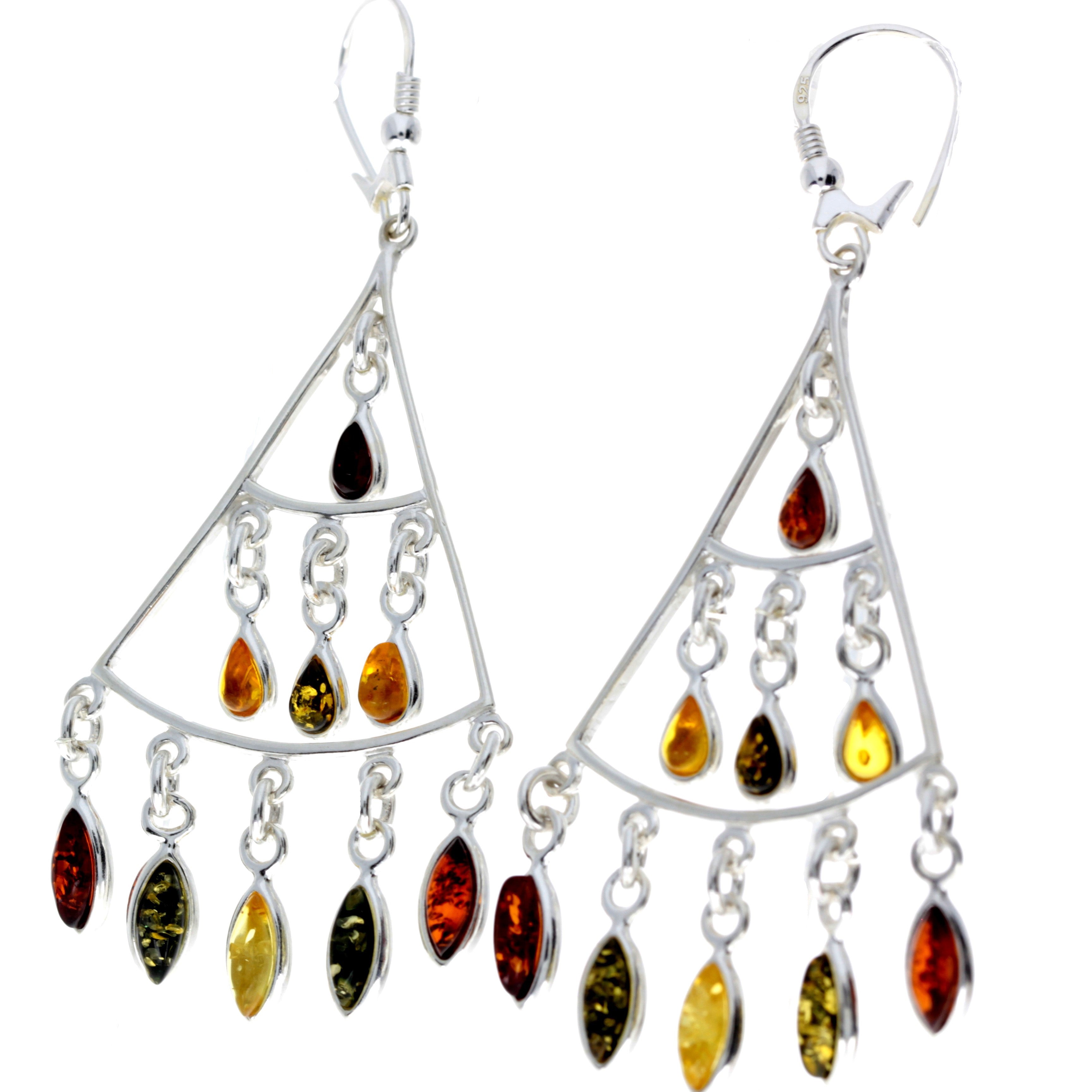 925 Sterling Silver & Genuine Baltic Amber Large Modern Drop Earrings - 8216