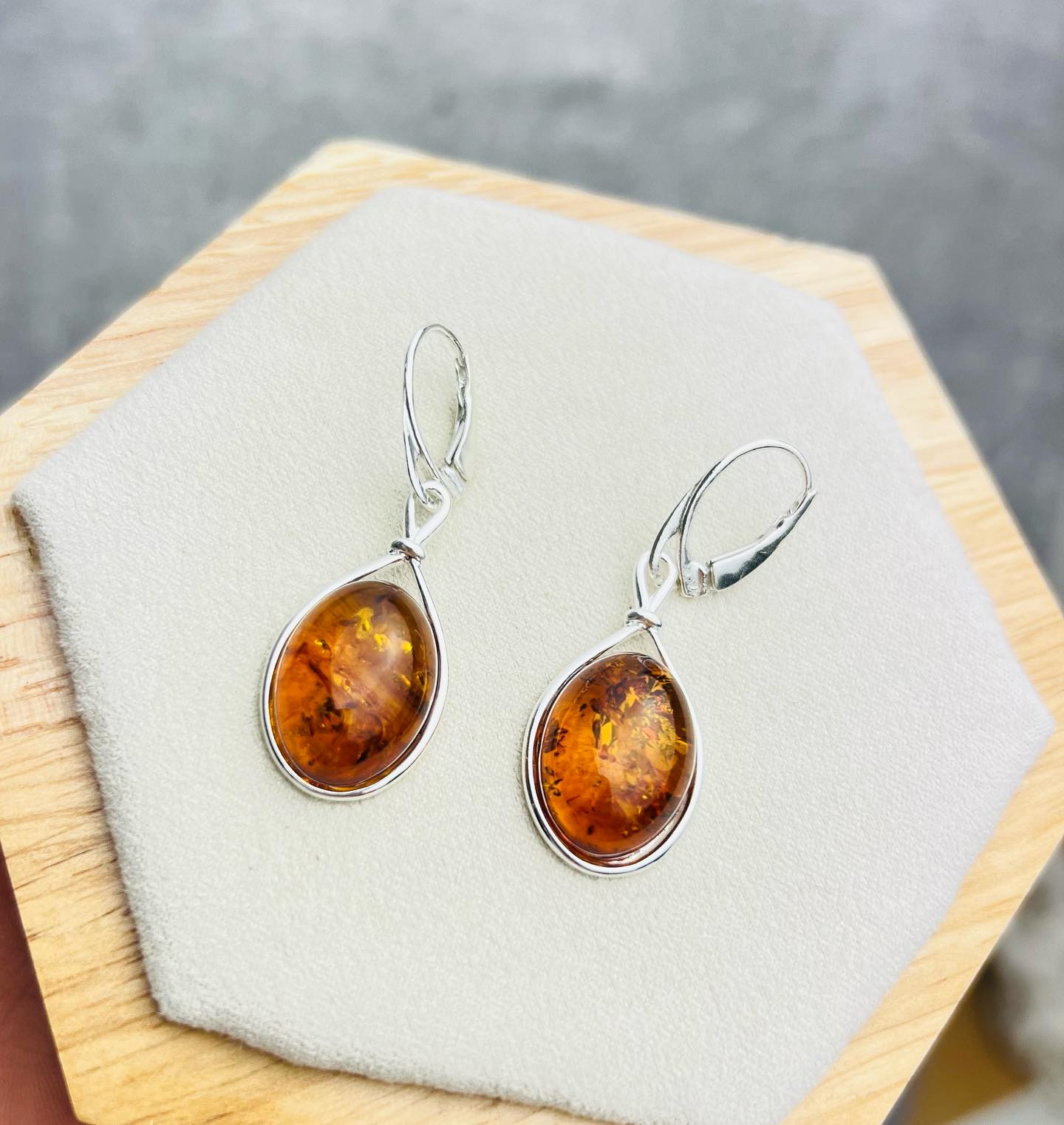 925 Sterling Silver & Genuine Baltic Amber Classic Drop Dangling Earrings - 8318