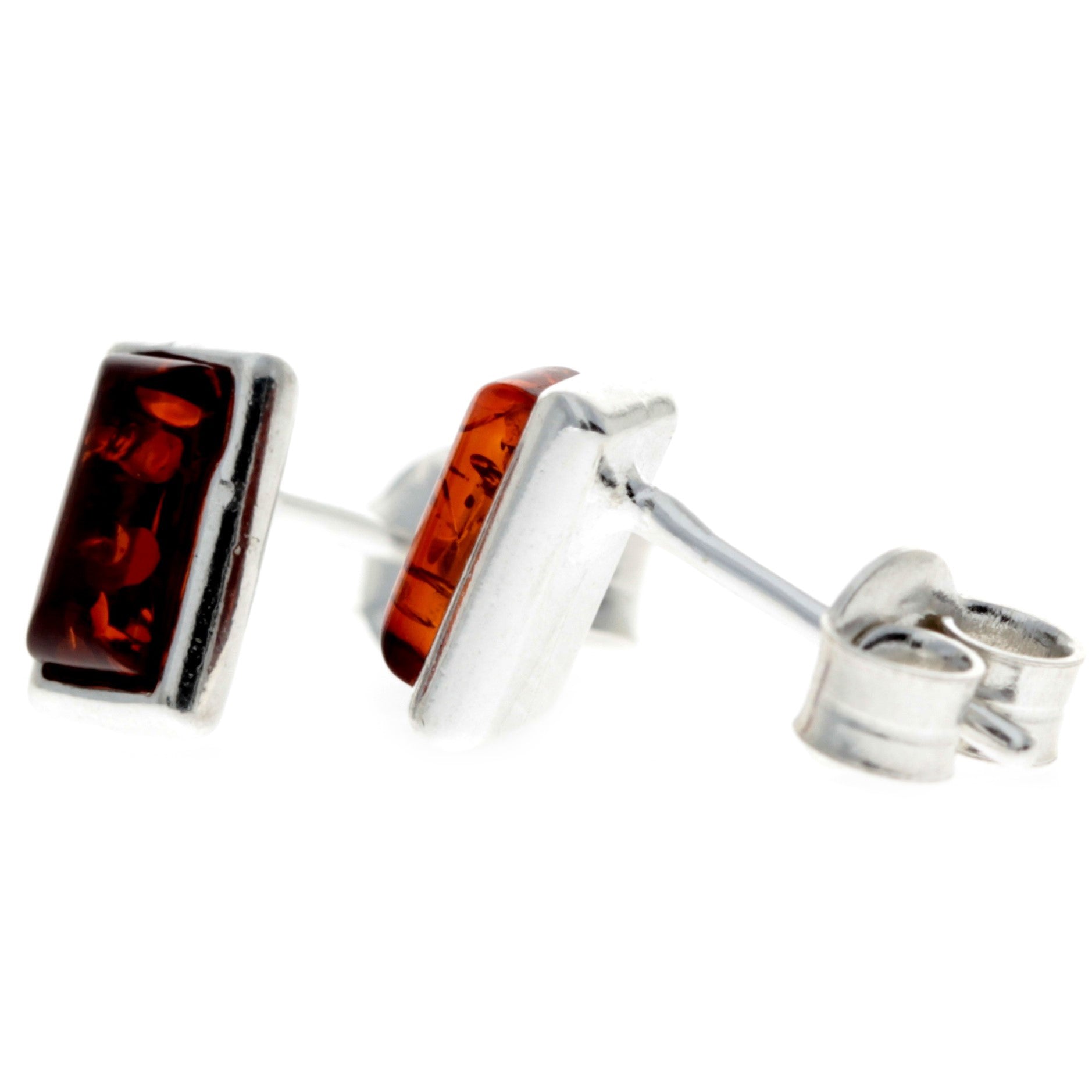 925 Sterling Silver & Genuine Baltic Amber Classic Rectangular Studs Earrings - 8346