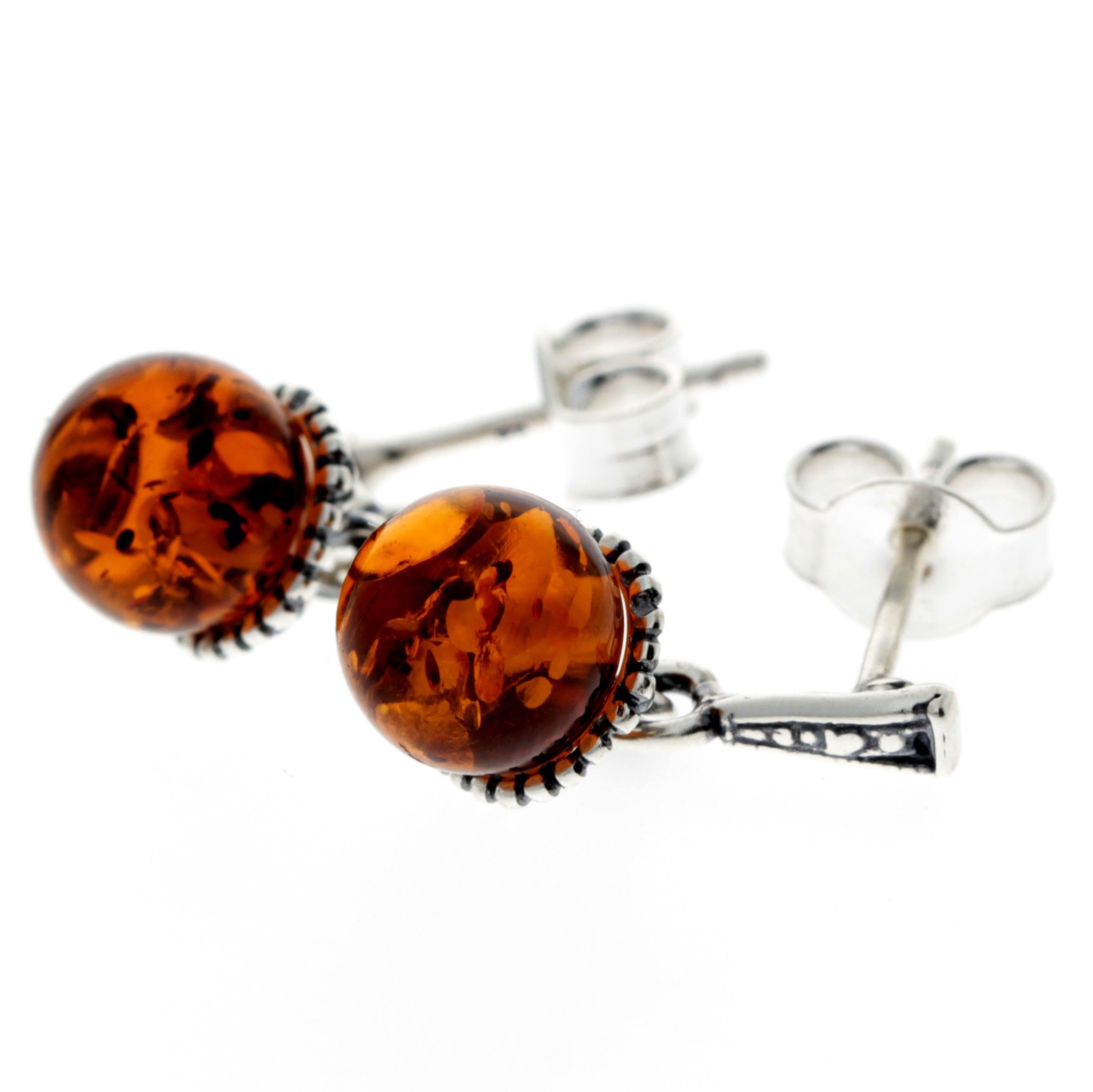 925 Sterling Silver & Genuine Baltic Amber Ball Drop Earrings - 8406