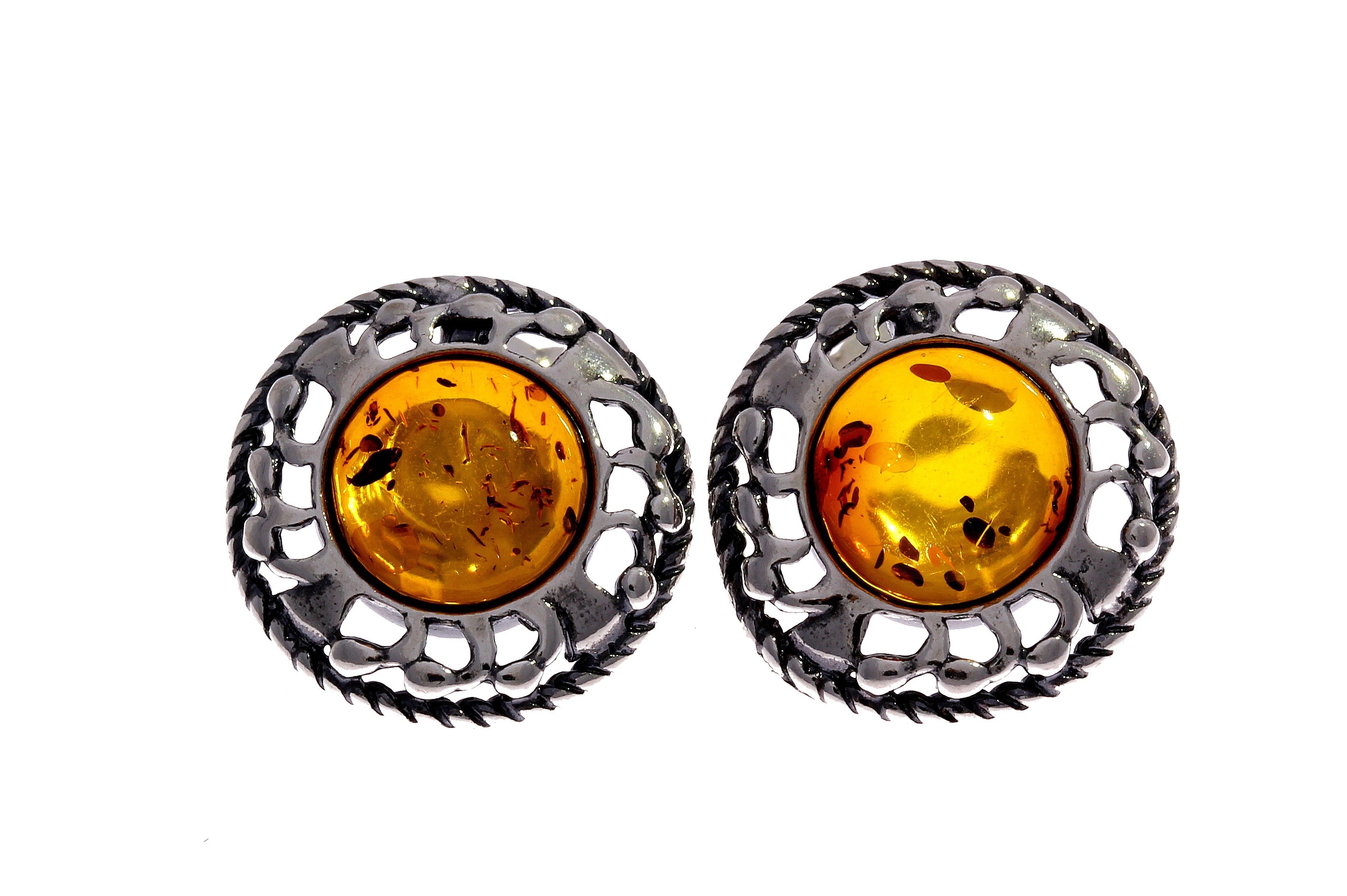 925 Sterling Silver & Genuine Baltic Amber Classic Round Studs Earrings - 8438