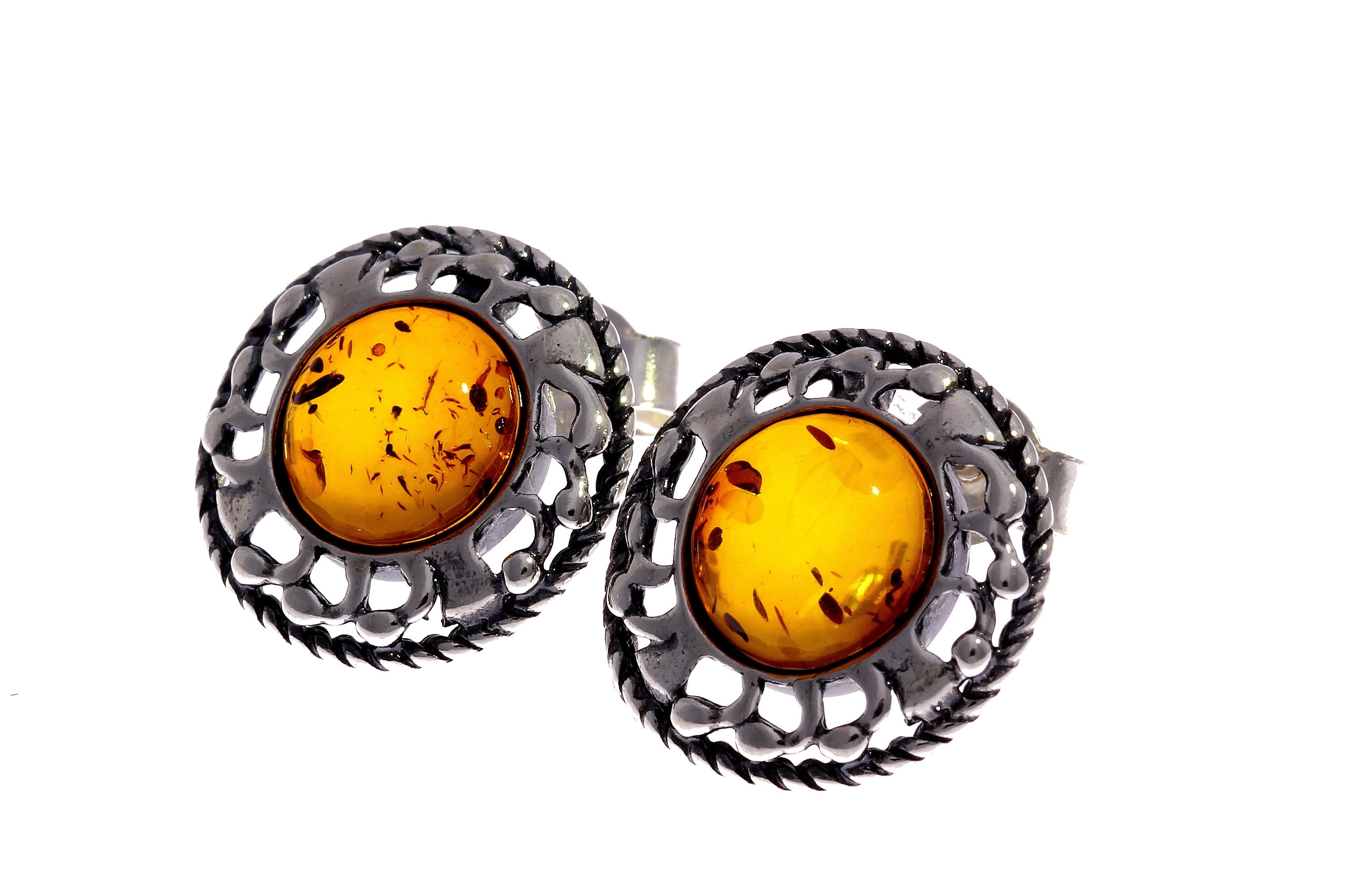 925 Sterling Silver & Genuine Baltic Amber Classic Round Studs Earrings - 8438