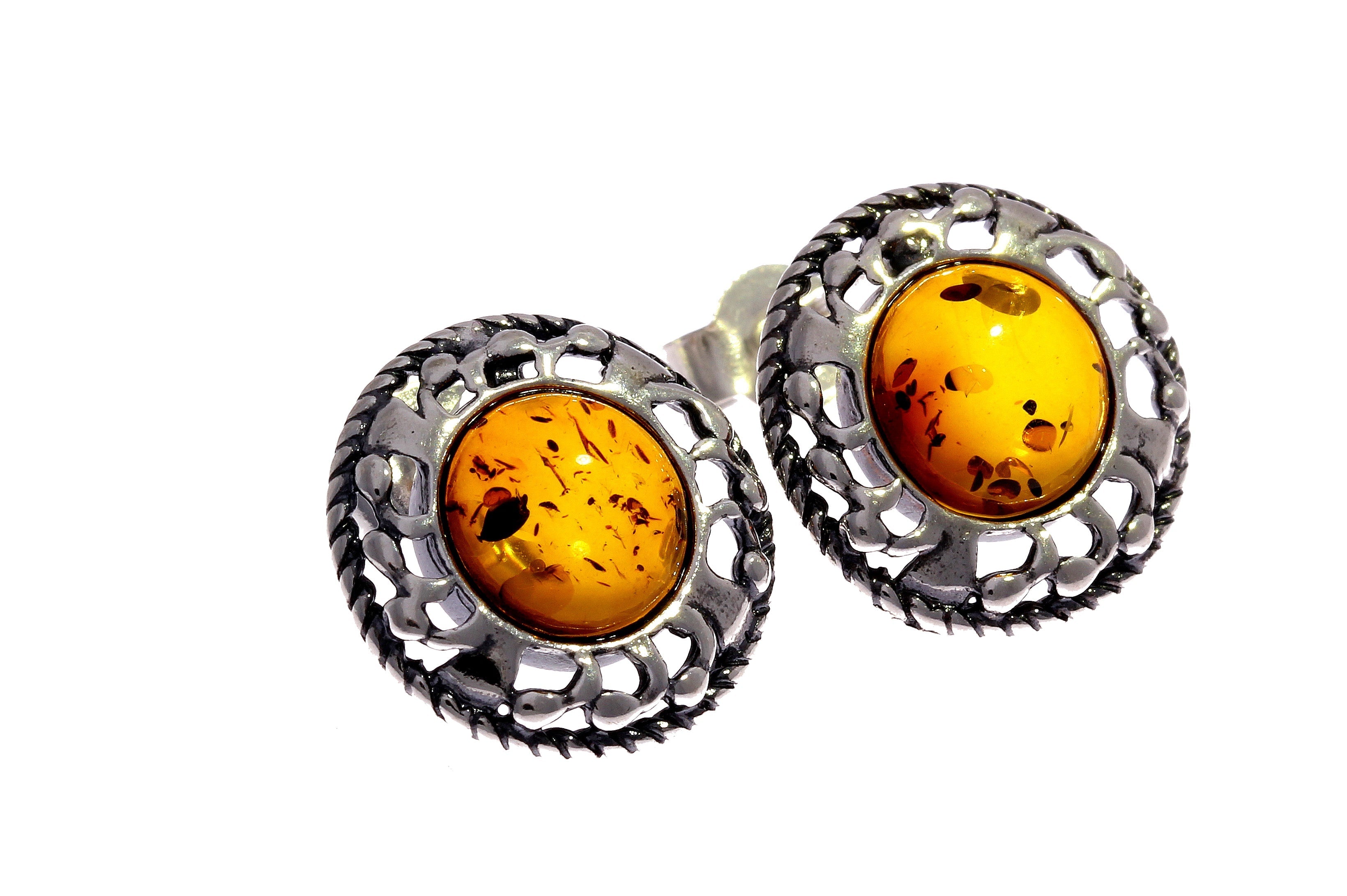 925 Sterling Silver & Genuine Baltic Amber Classic Round Studs Earrings - 8438