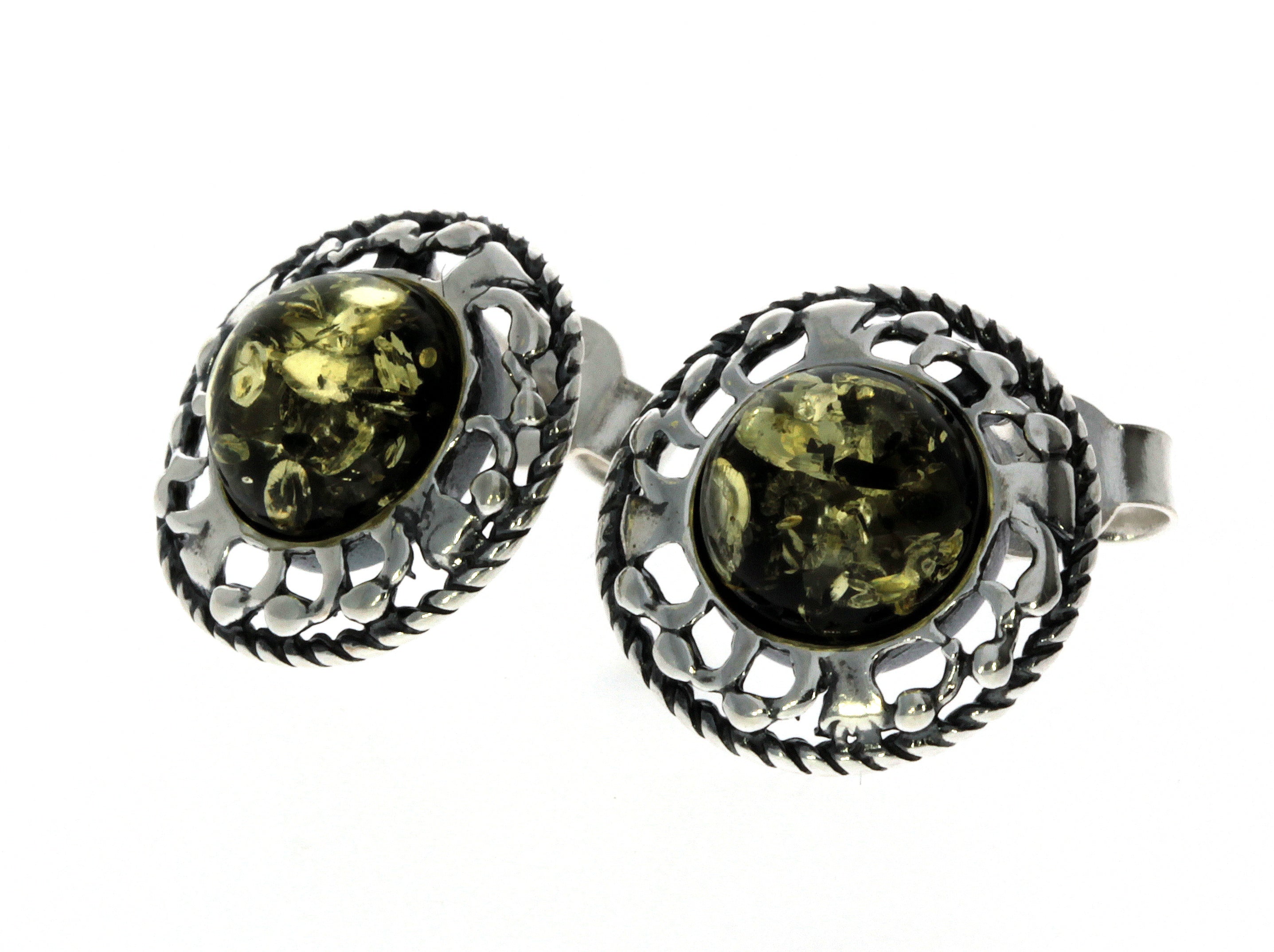 925 Sterling Silver & Genuine Baltic Amber Classic Round Studs Earrings - 8438