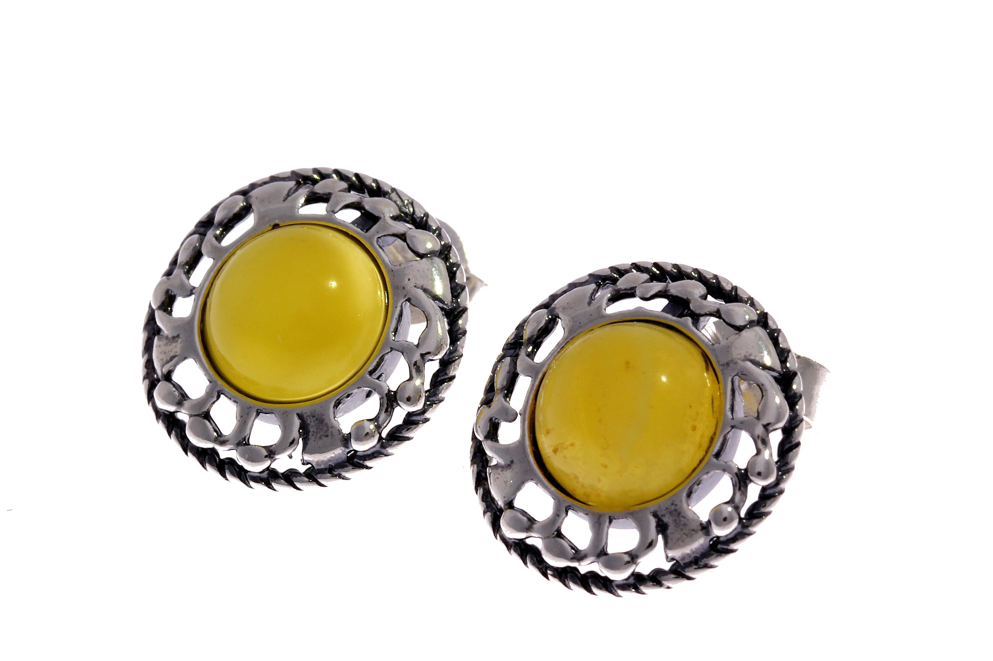 925 Sterling Silver & Genuine Baltic Amber Classic Round Studs Earrings - 8438