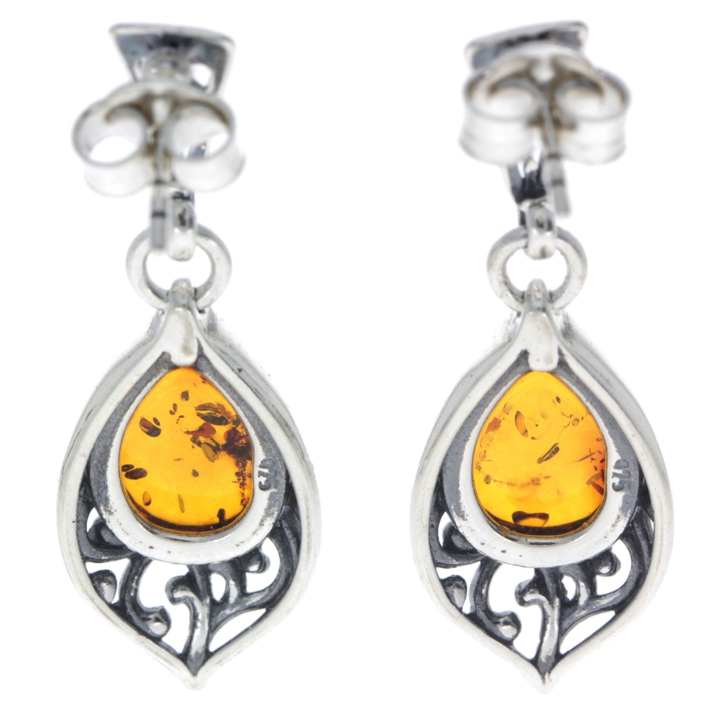 925 Sterling Silver & Genuine Baltic Amber Modern Drop Earrings - 8457