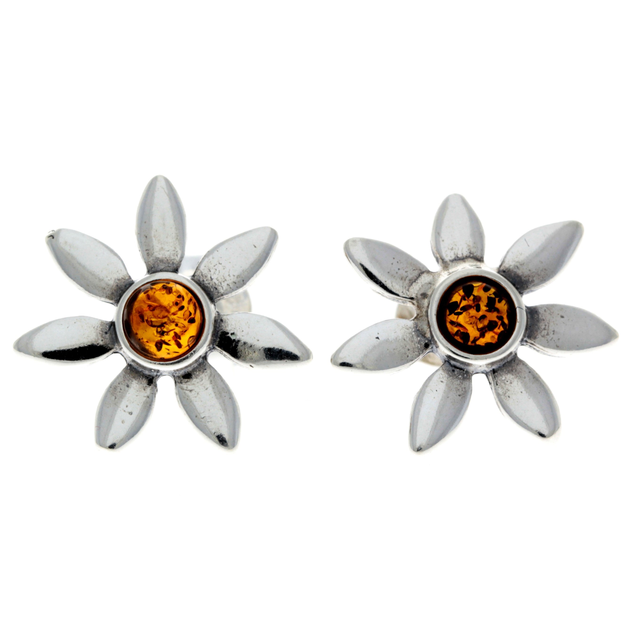 925 Sterling Silver & Genuine Baltic Amber Classic Flowers Studs Earrings - 8477