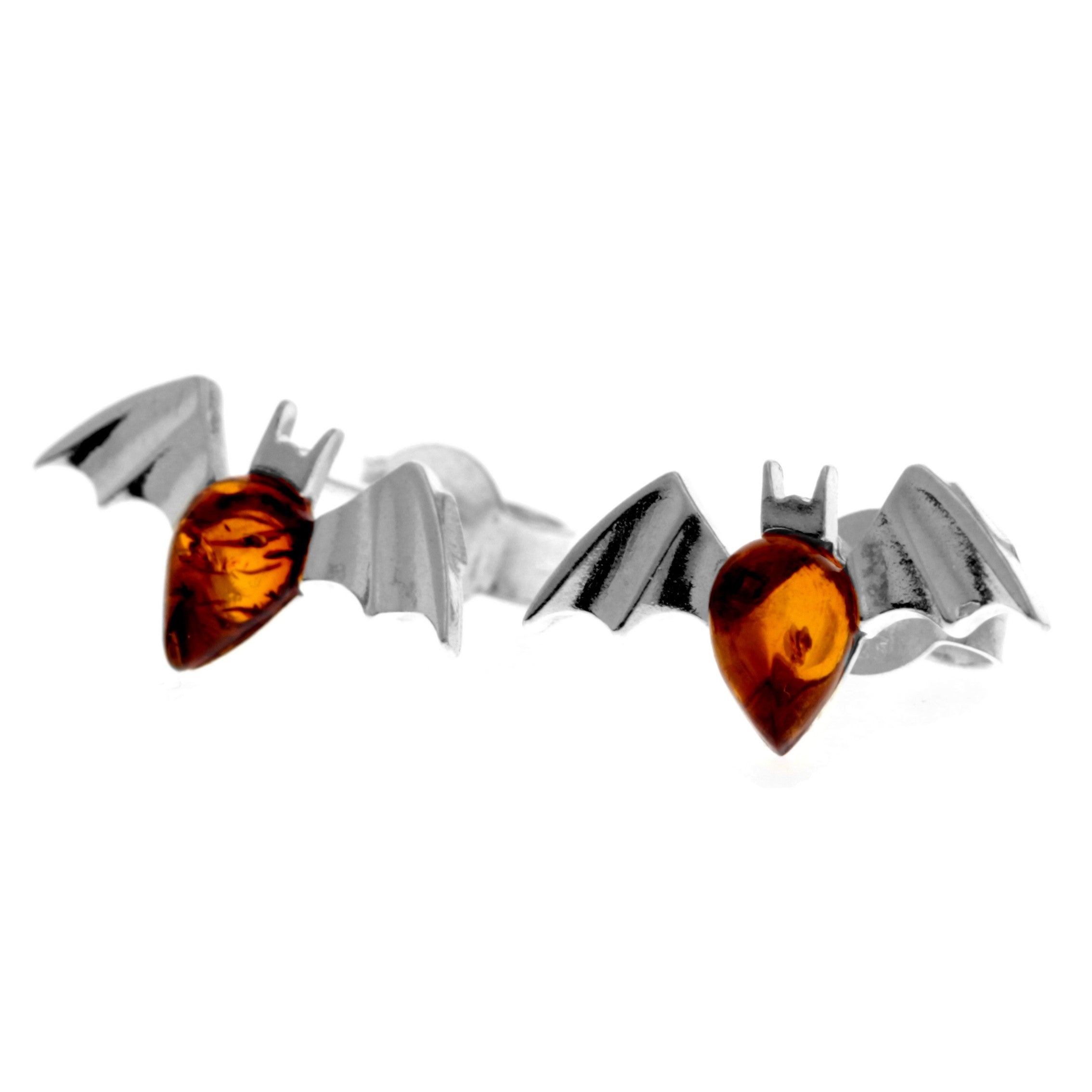 925 Sterling Silver & Genuine Baltic Amber Cute Bats Studs Earrings - 8478