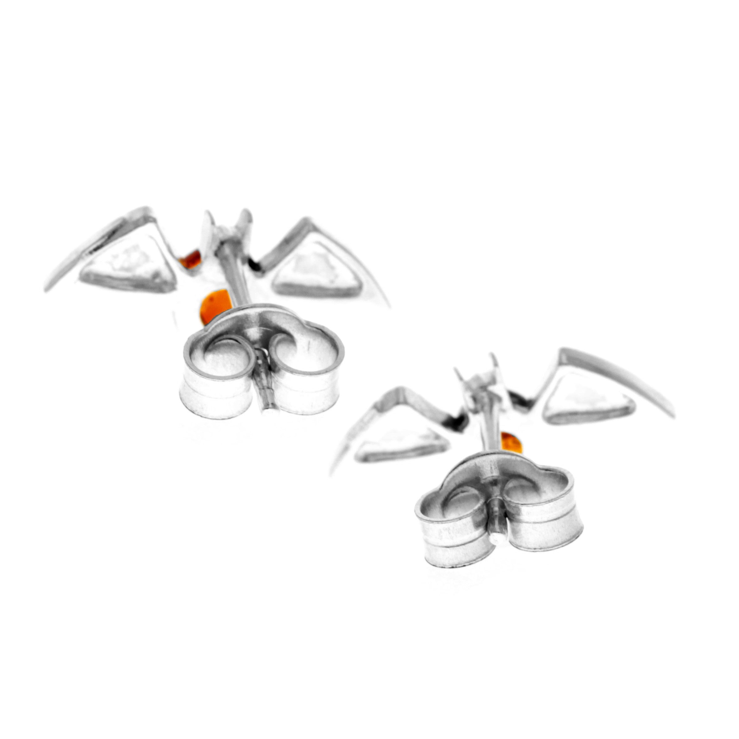 925 Sterling Silver & Genuine Baltic Amber Cute Bats Studs Earrings - 8478