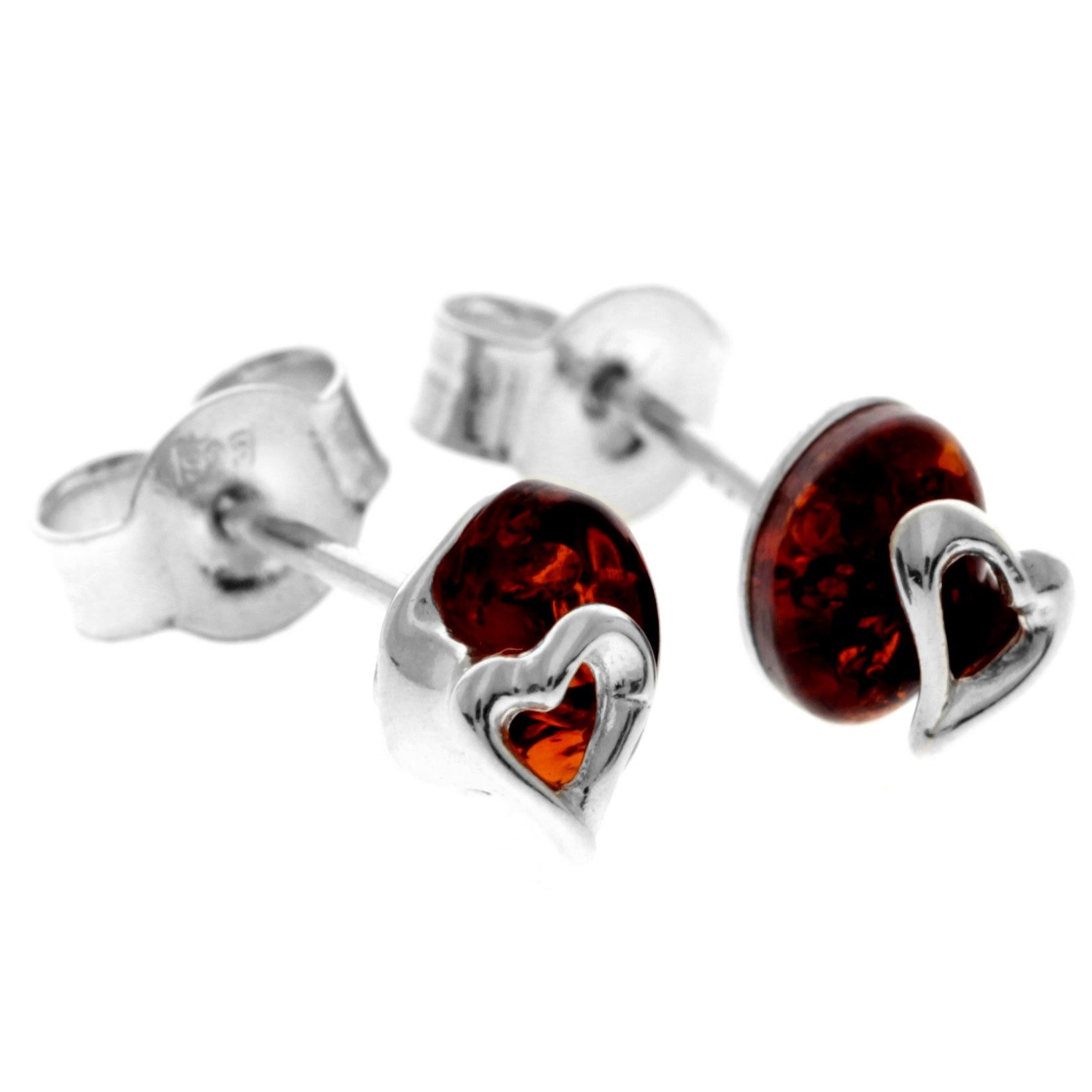 925 Sterling Silver & Genuine Baltic Amber Small Hearts Studs Earrings - 8479