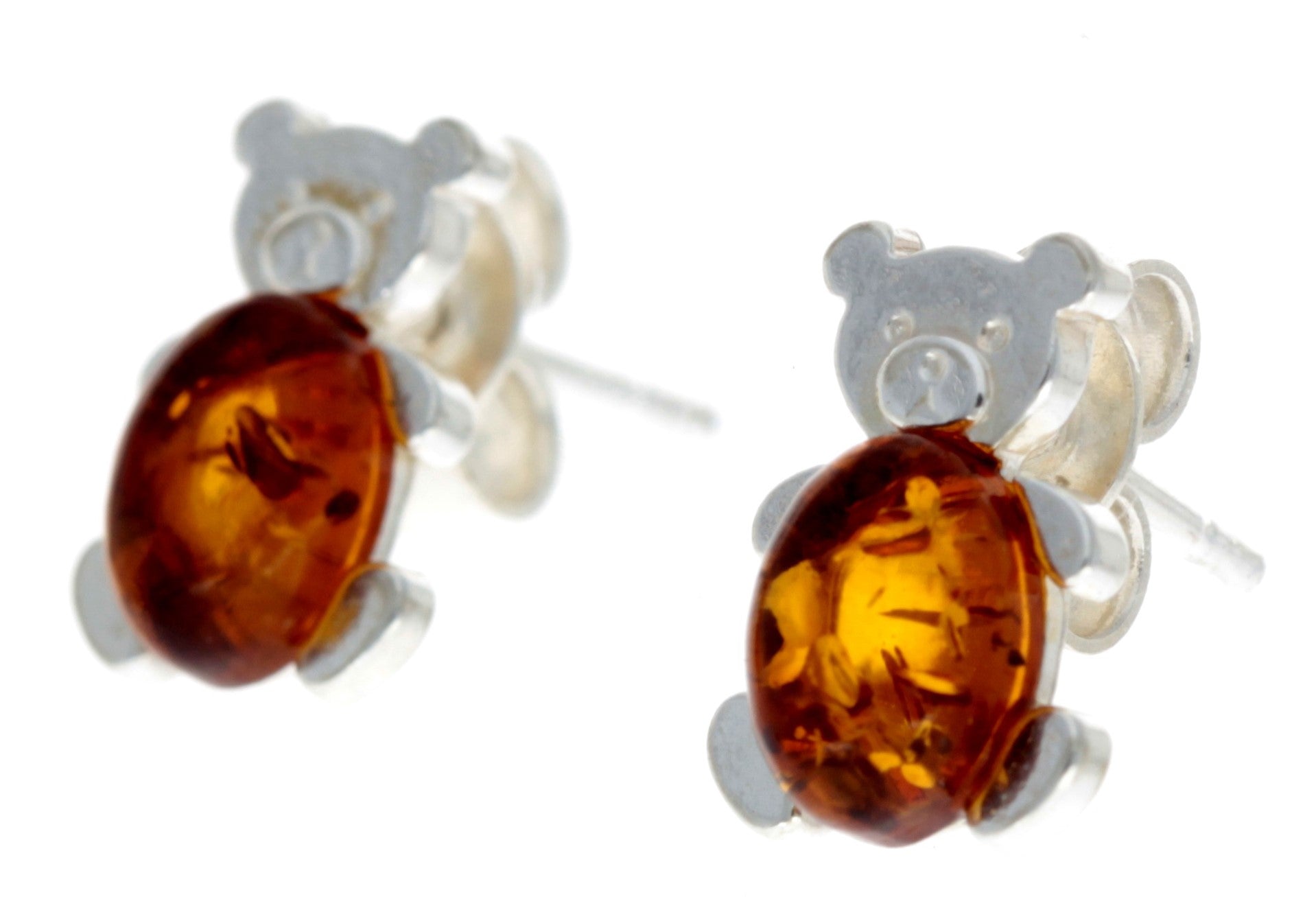 925 Sterling Silver & Amber Tiny Bears Studs - 8482