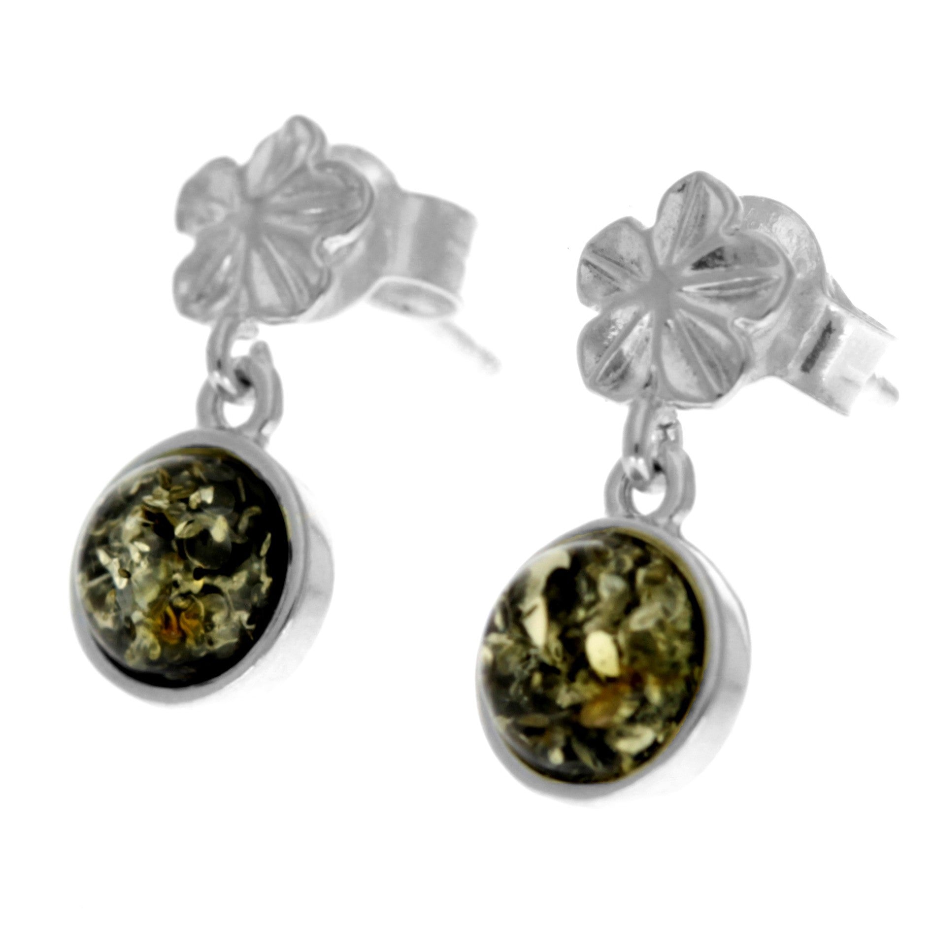 925 Sterling Silver & Genuine Baltic Amber Flower Studs Dangling Earrings - 8506