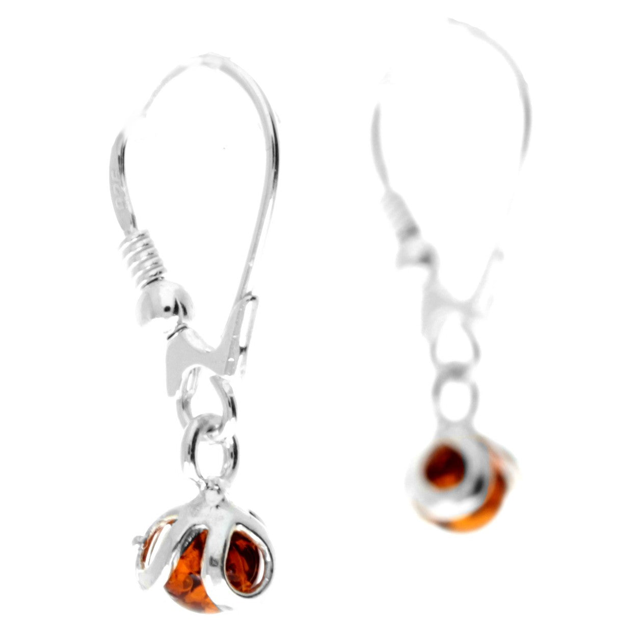 925 Sterling Silver & Genuine Baltic Amber Classic Ball Dangling Earrings - 8546